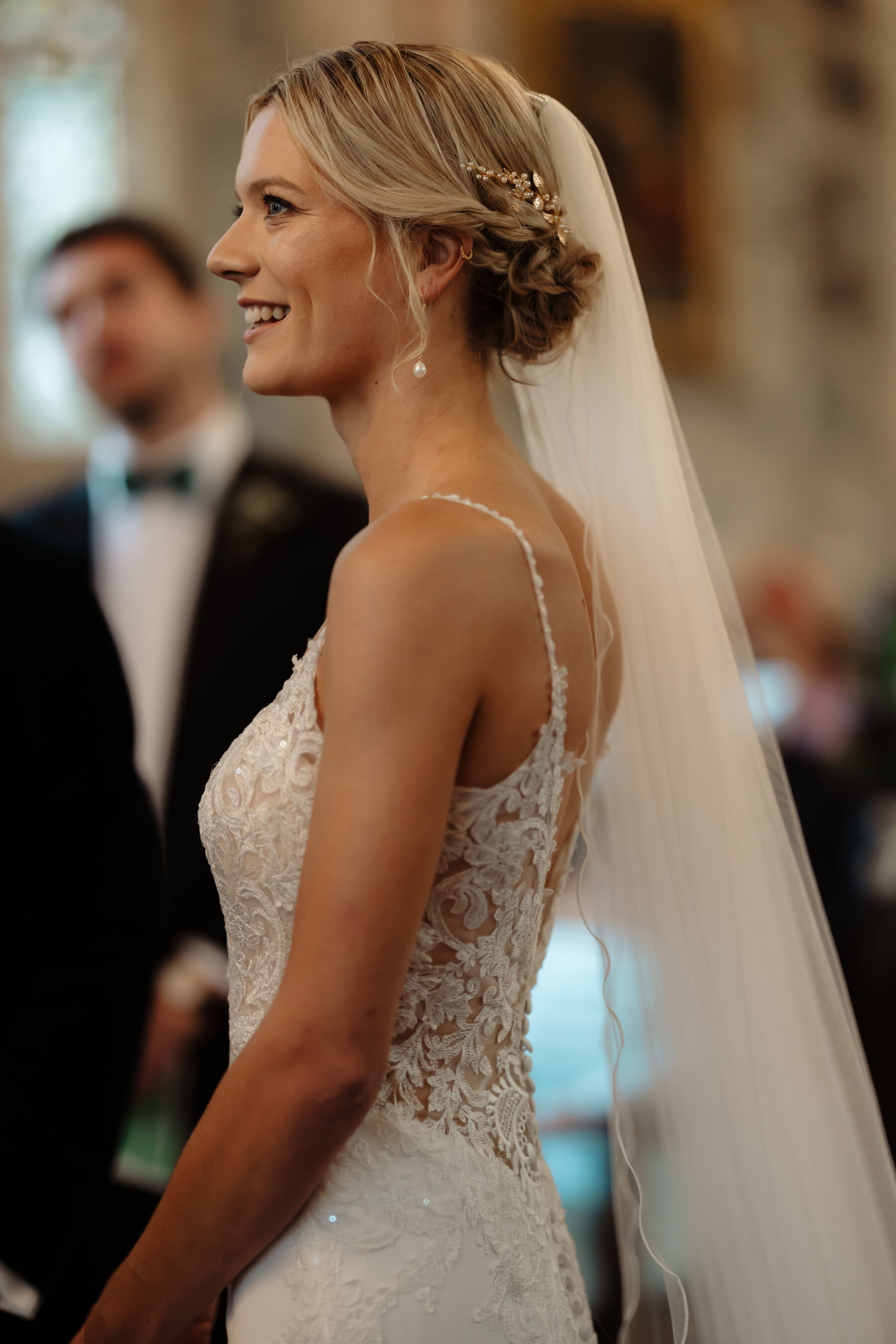 Emily in Rosa Clara for her Romantic & Elegant July Wedding at Cluny Castle 24 Elegant bride in a Rosa Clara wedding dress during her wedding ceremony.