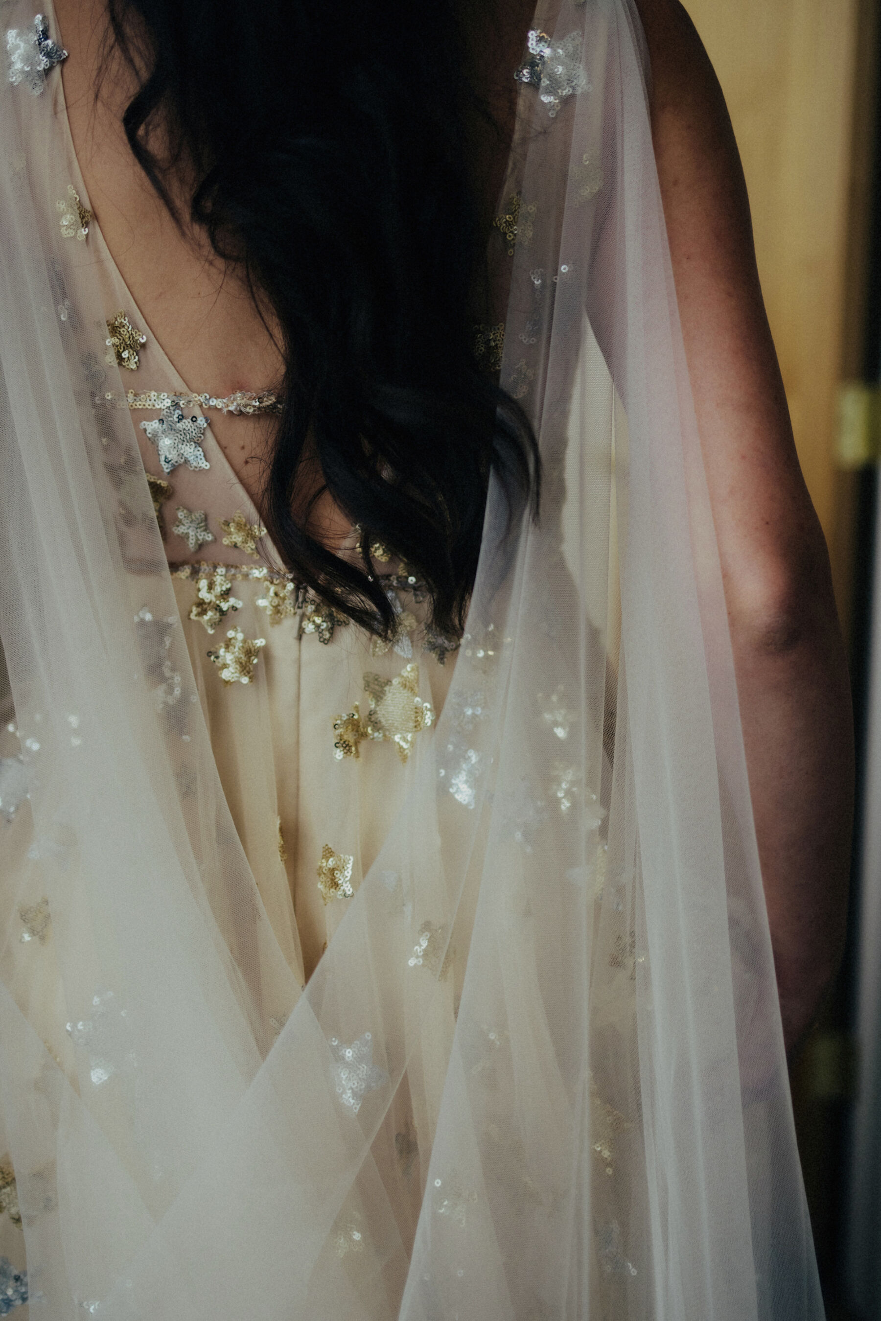 Behind shot of a bride wearing Orion, a celestial inspired wedding dress.