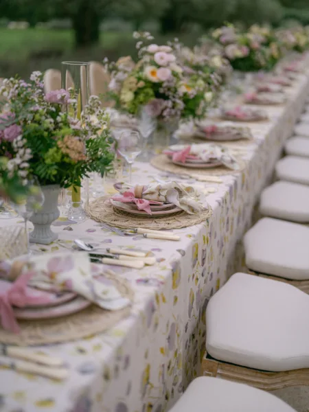 Beautiful Spring Floral tablecloth for long wedding tablescape