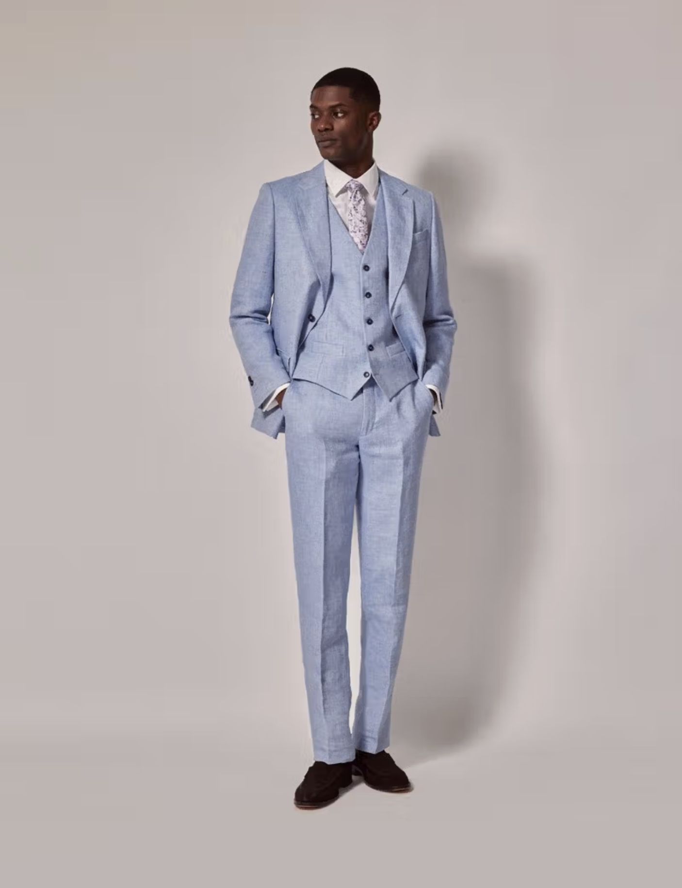 Light Blue Herringbone Linen 3 Piece Italian Tailored Suit – 1913 Collection