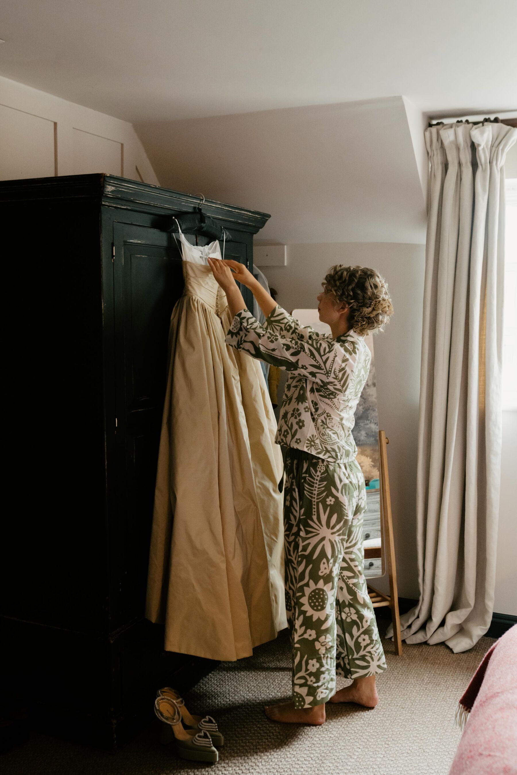 Bride getting ready in pyjamas.