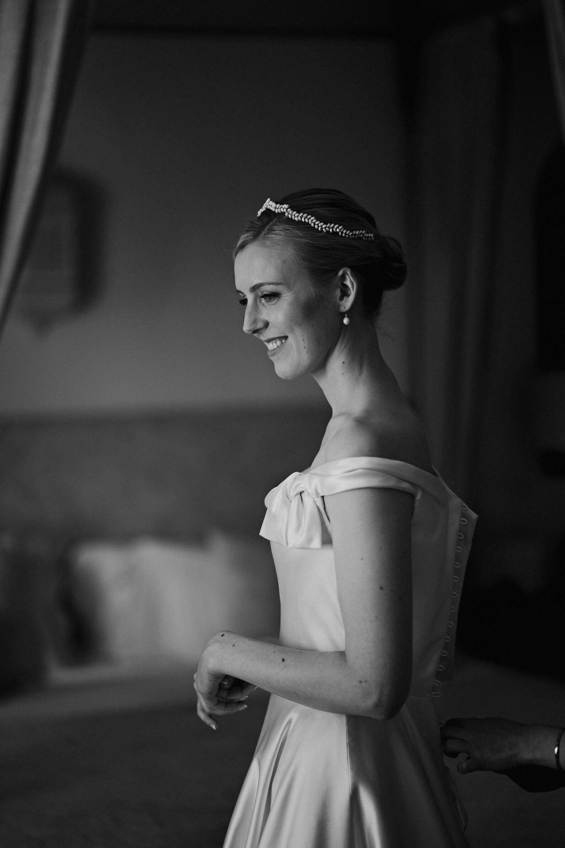 Alexandra Wore Phillipa Lepley For Her Romantic Destination Wedding in Spain 16 Phillipa Lepley wedding dress with concealed inner corset. The bride wears a pearl headband.