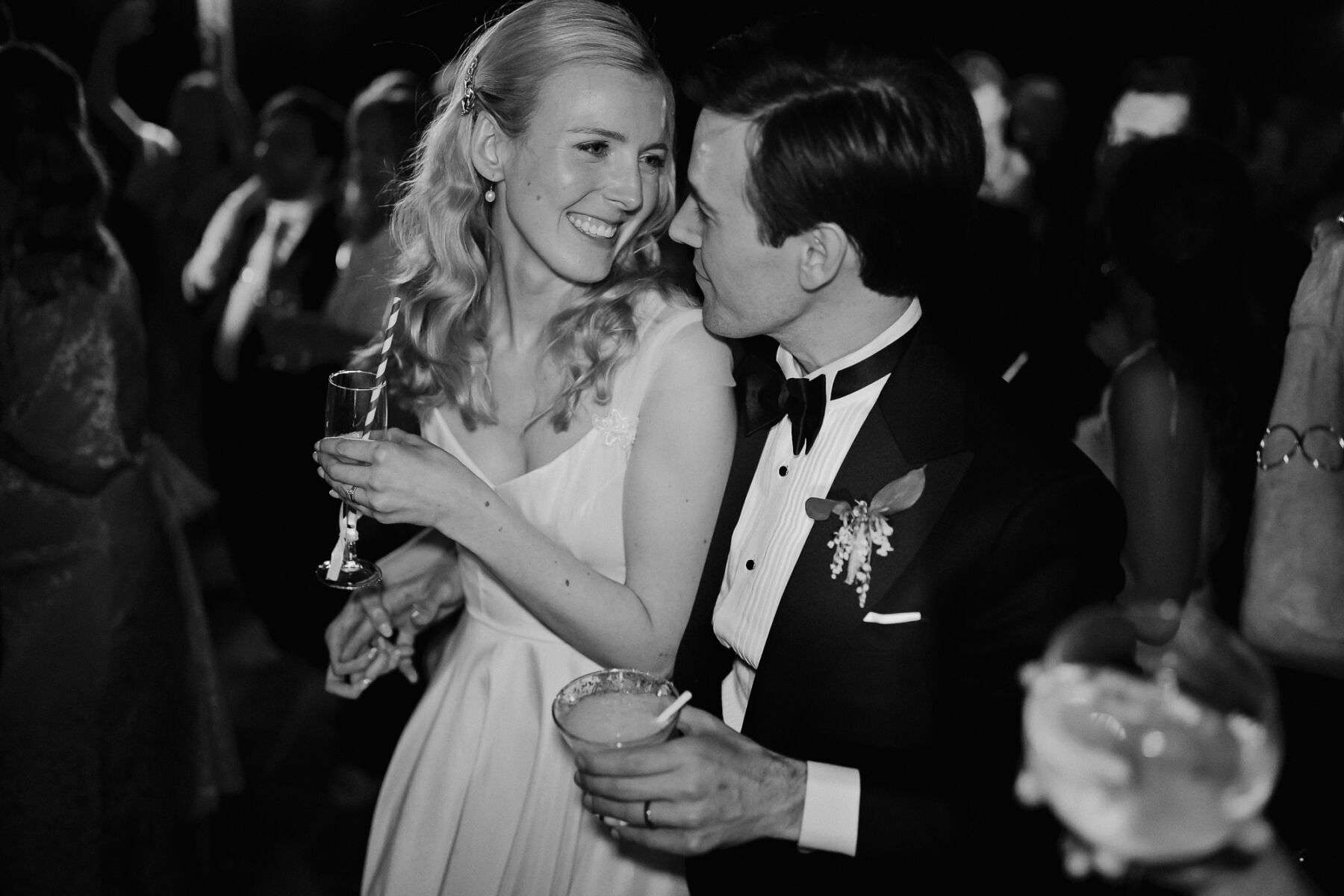 Alexandra Wore Phillipa Lepley For Her Romantic Destination Wedding in Spain 42 Bride wearing a Dig For Victory dress for her first dance with her groom in a black tie tuxedo.