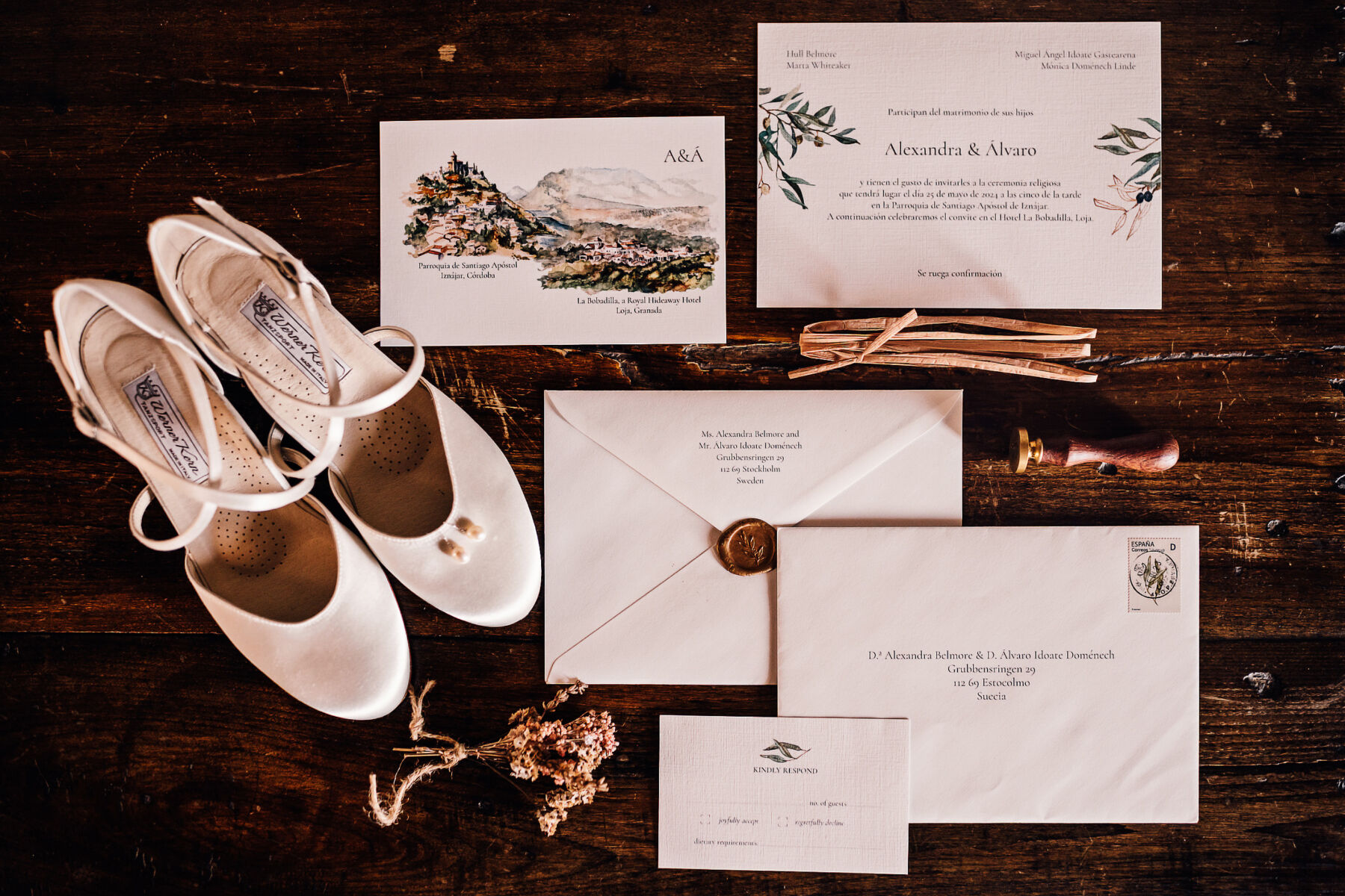 Alexandra Wore Phillipa Lepley For Her Romantic Destination Wedding in Spain 13 Flaty lay with Werner Kern wedding shoes + elegant hand painted stationery for a destination wedding in Spain.