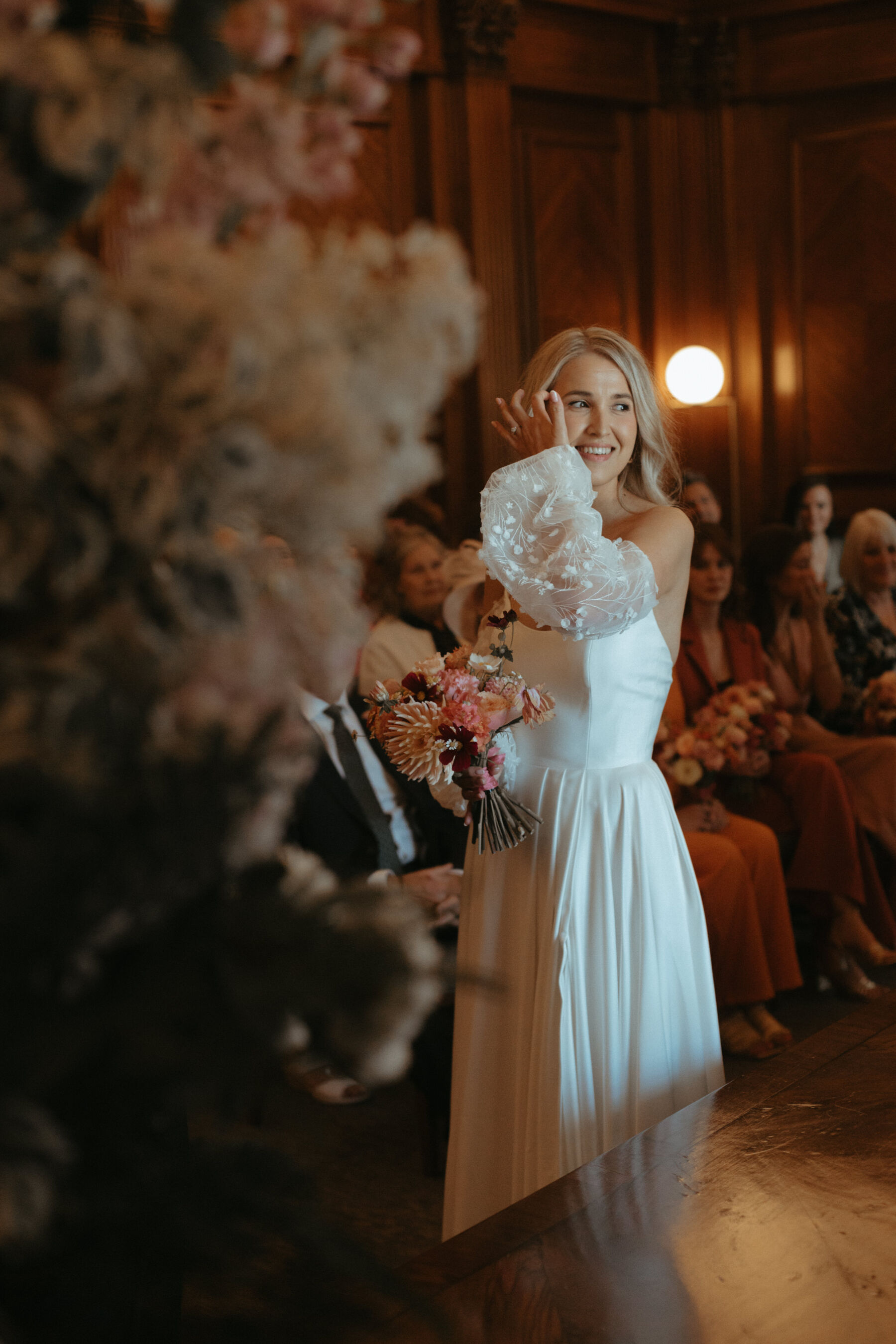 Georgia in Truvelle for her Modern London Wedding at The Depot in Islington 7 Bride wearing a Truvelle wedding dress with detachable sleeves for her wedding at Old Marylebone Town Hall in London.