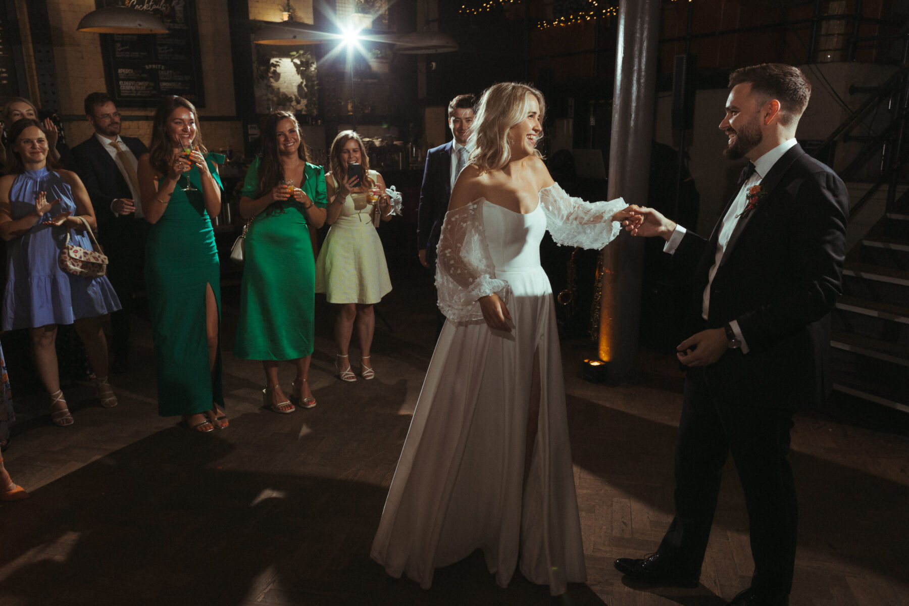 Georgia in Truvelle for her Modern London Wedding at The Depot in Islington 29 Bride and groom taking their first dance at The Depot in London.