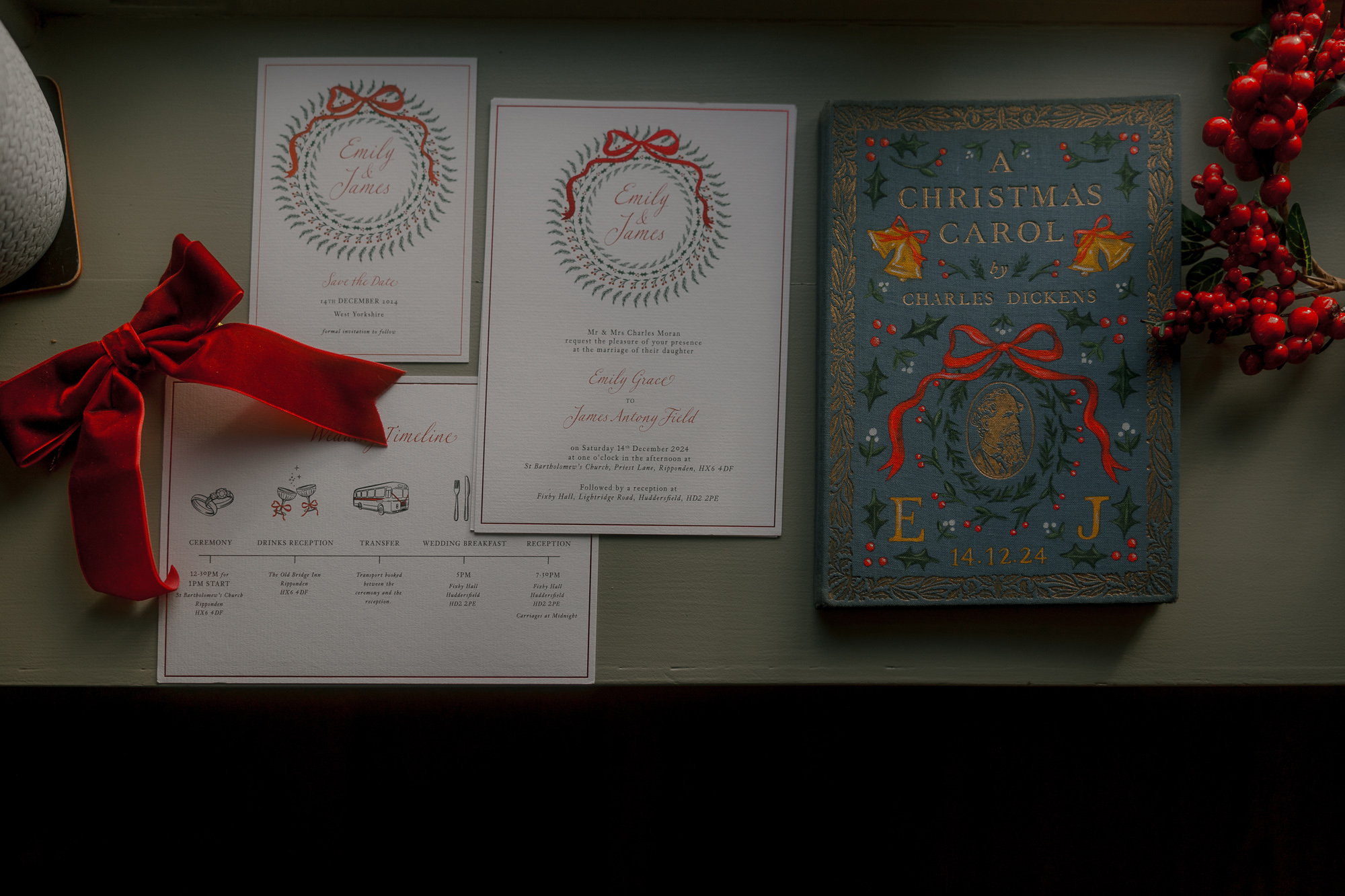 A Movie & Literary Inspired Romantic Christmas Wedding 18 Flatlay scene of Christmas wedding stationery.