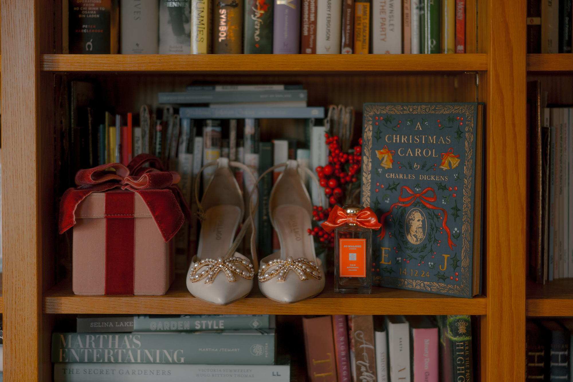 A Movie & Literary Inspired Romantic Christmas Wedding 36 Sylvia Lago wedding shoes with Emmy London shoe clips.