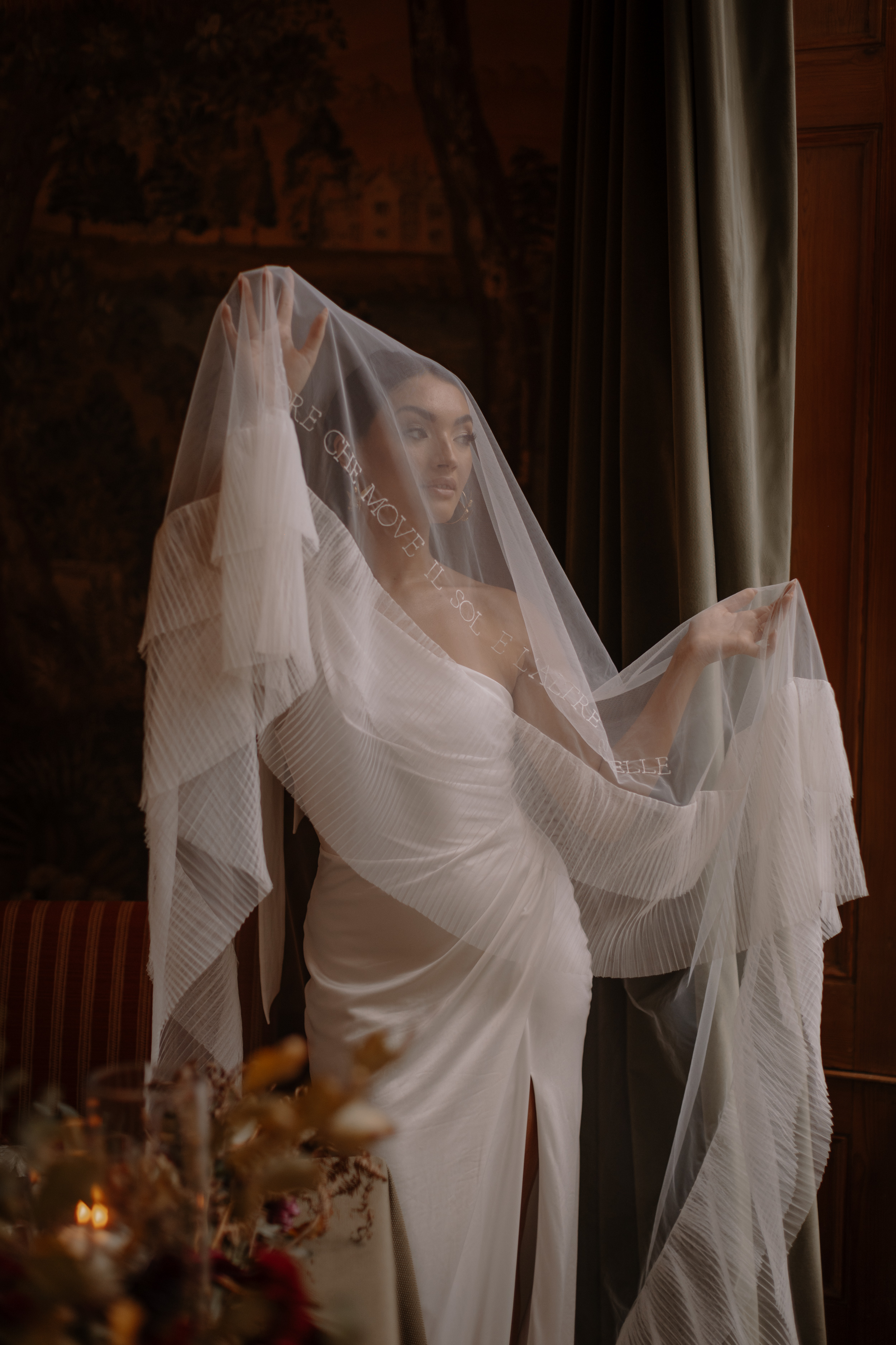 A Little Wild, A Little Luxe: Helen Rose Photography's Beautiful Peak District Editorial 14 Bride wearing an embroidered wedding veil by Rebecca Anne Designs that has a pleated edge.