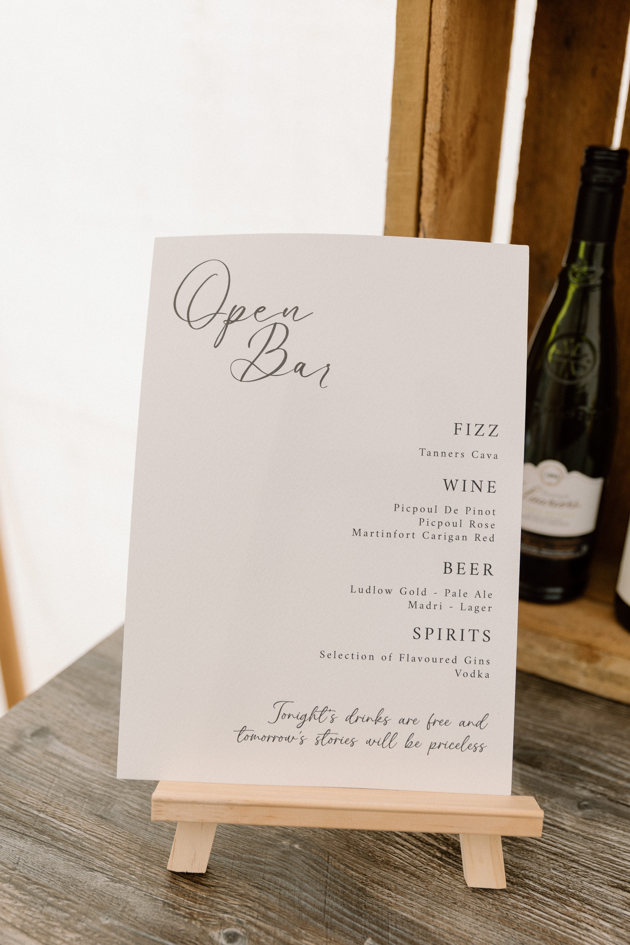Elegant wedding stationery featuring a drinks menu