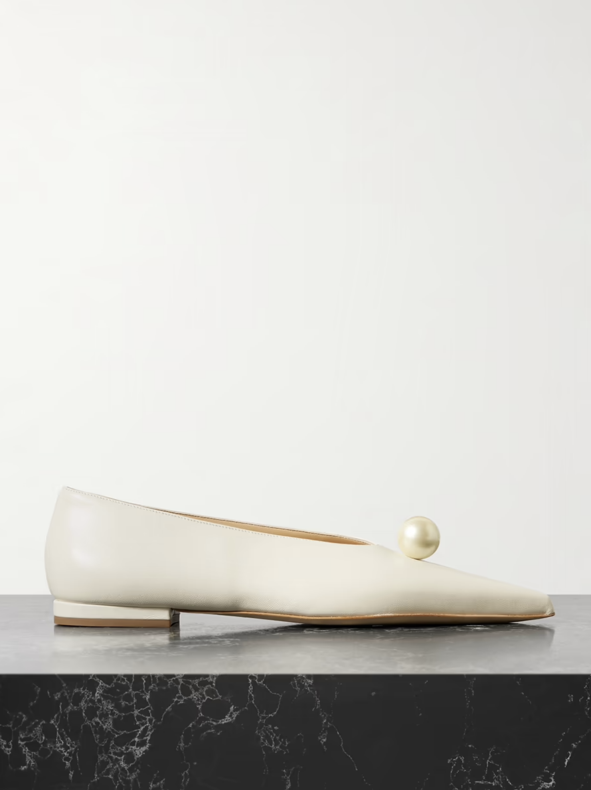 Faux Pearl-embellished Leather Point-Toe Flats