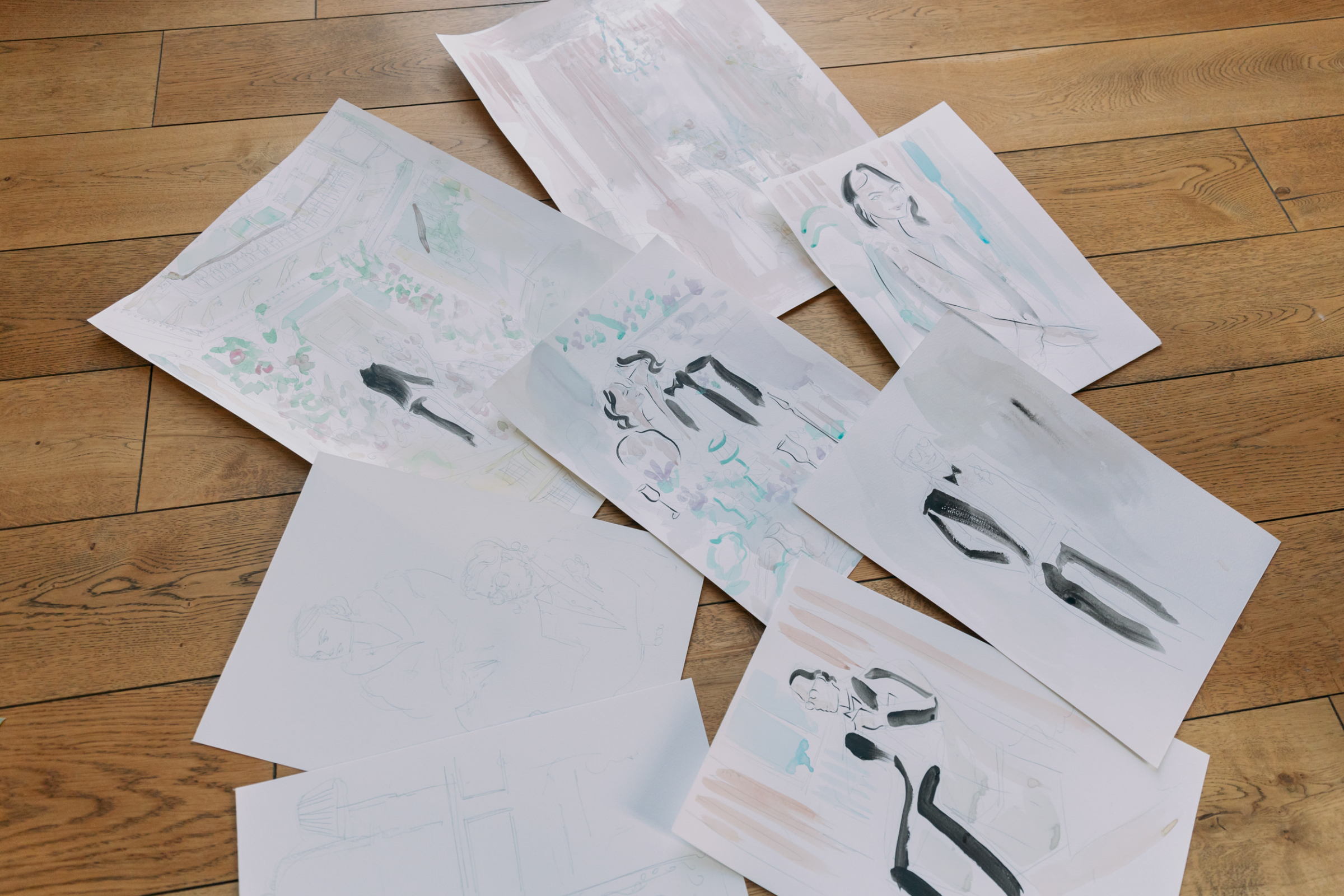 Paintings created by a live wedding illustrator.