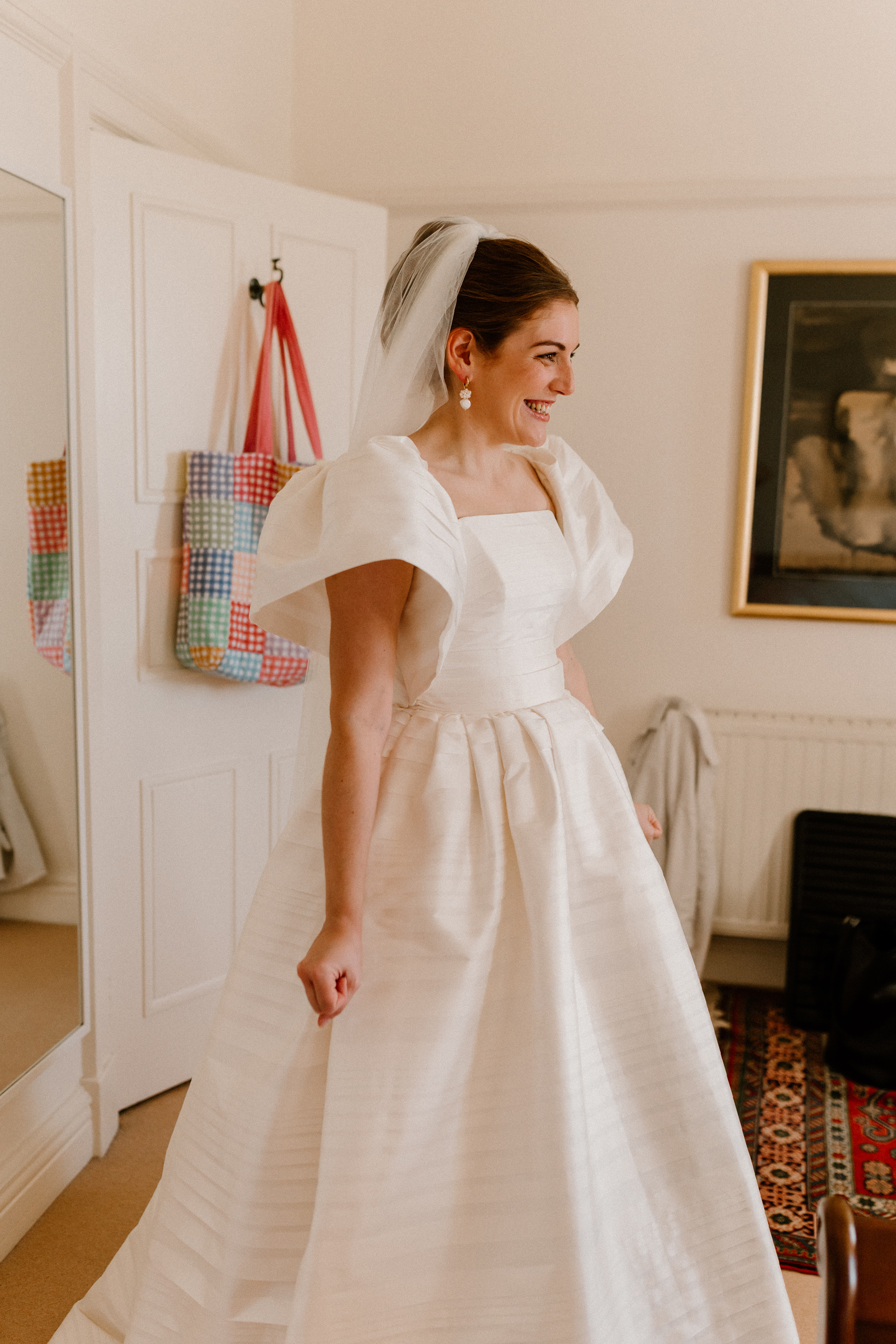 Hannah in Jesus Peiro for her Intimate Brunton House Wedding in Northumberland 16 Puff sleeved, textured wedding dress by Jesus Peiro.