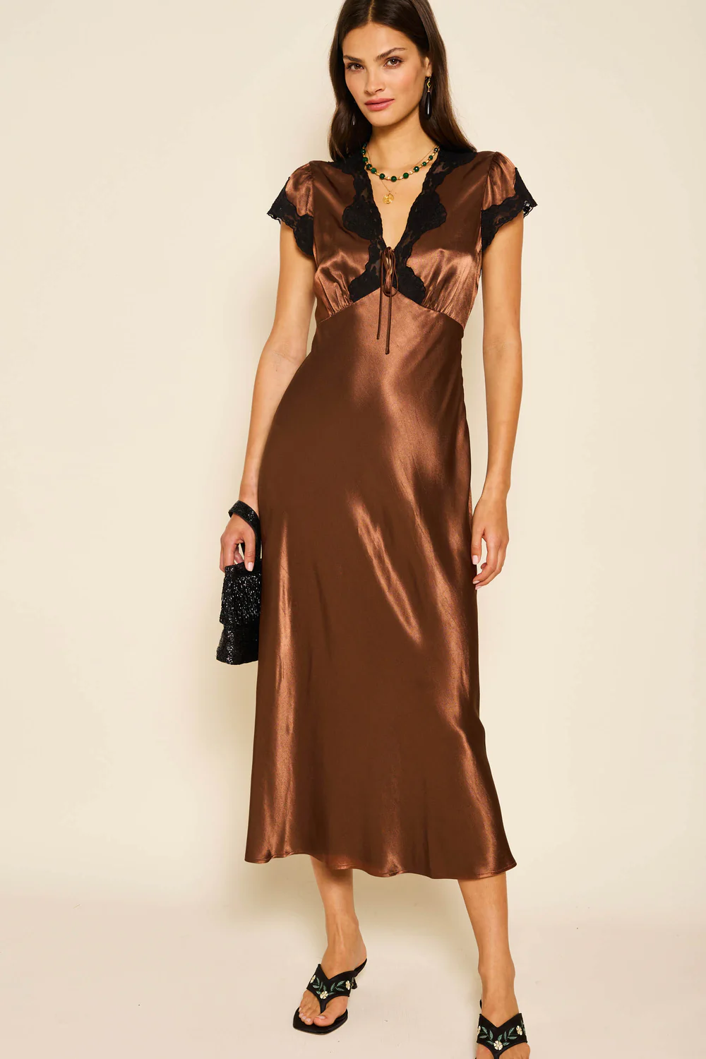 Amari Satin Midi Dress in Bronze