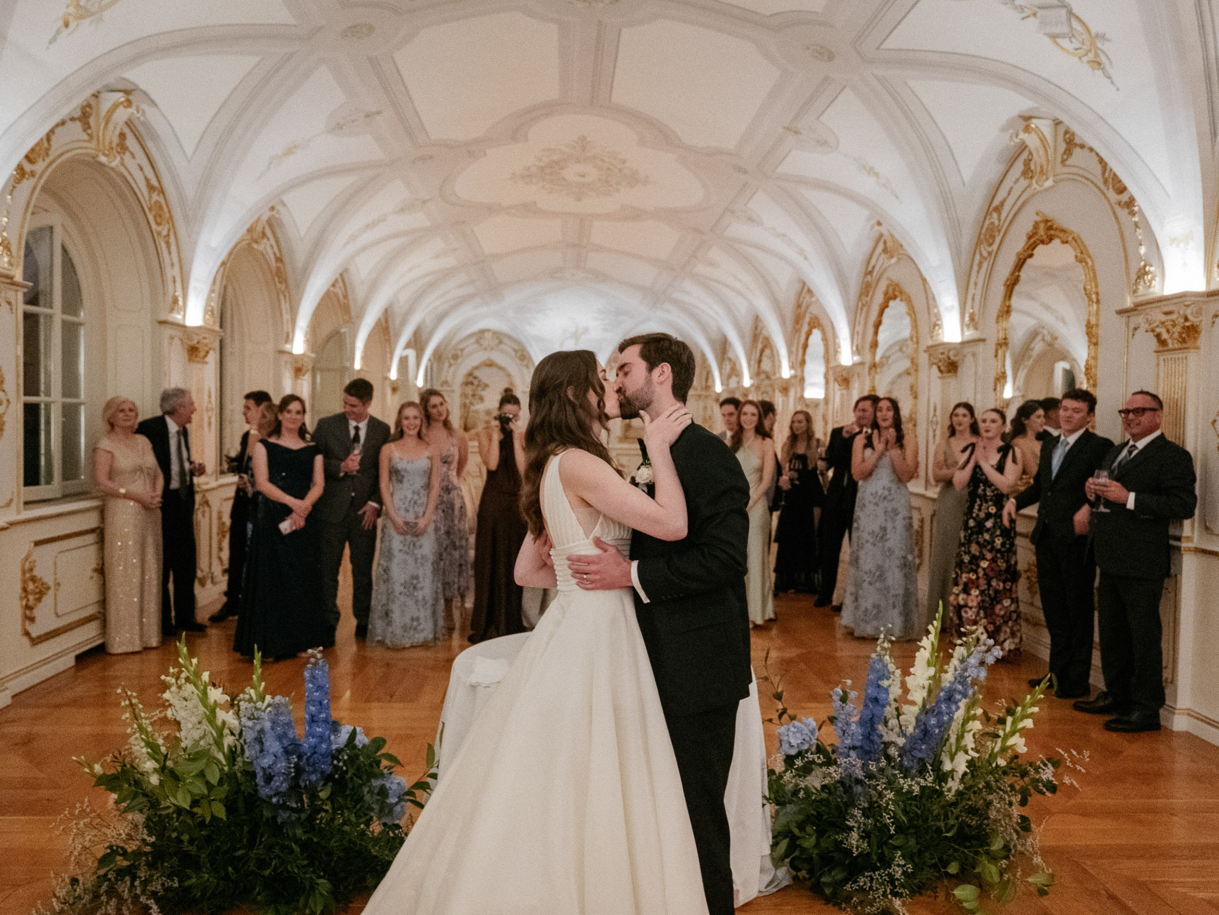 An Elegant Destination Wedding in Cortona, Italy, with a Peter Langner Gown 46 Bride and groom kissing during their first dance at Relais La Corte Dei Papi in Cortana, Italy.