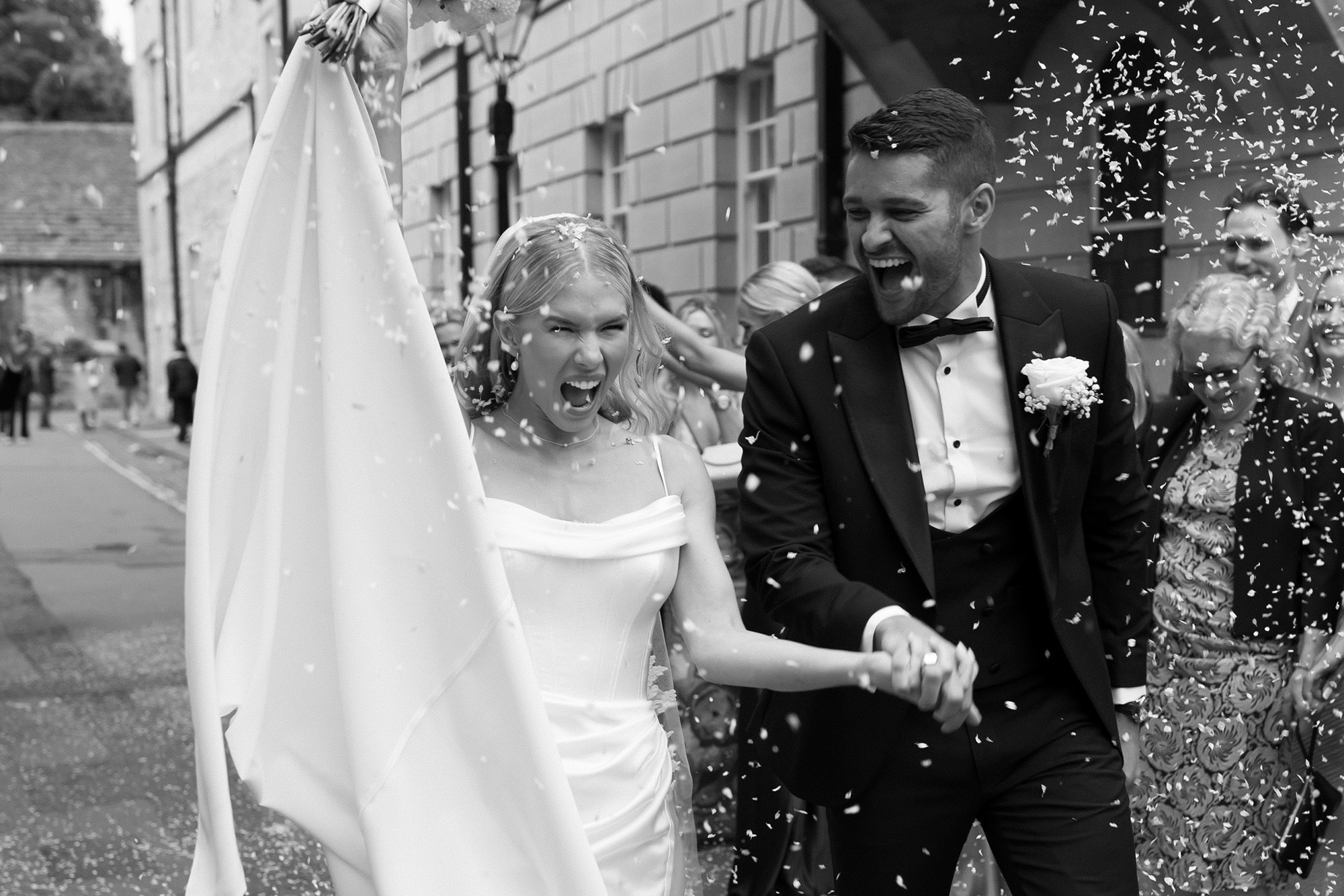 Black and white wedding confetti shot