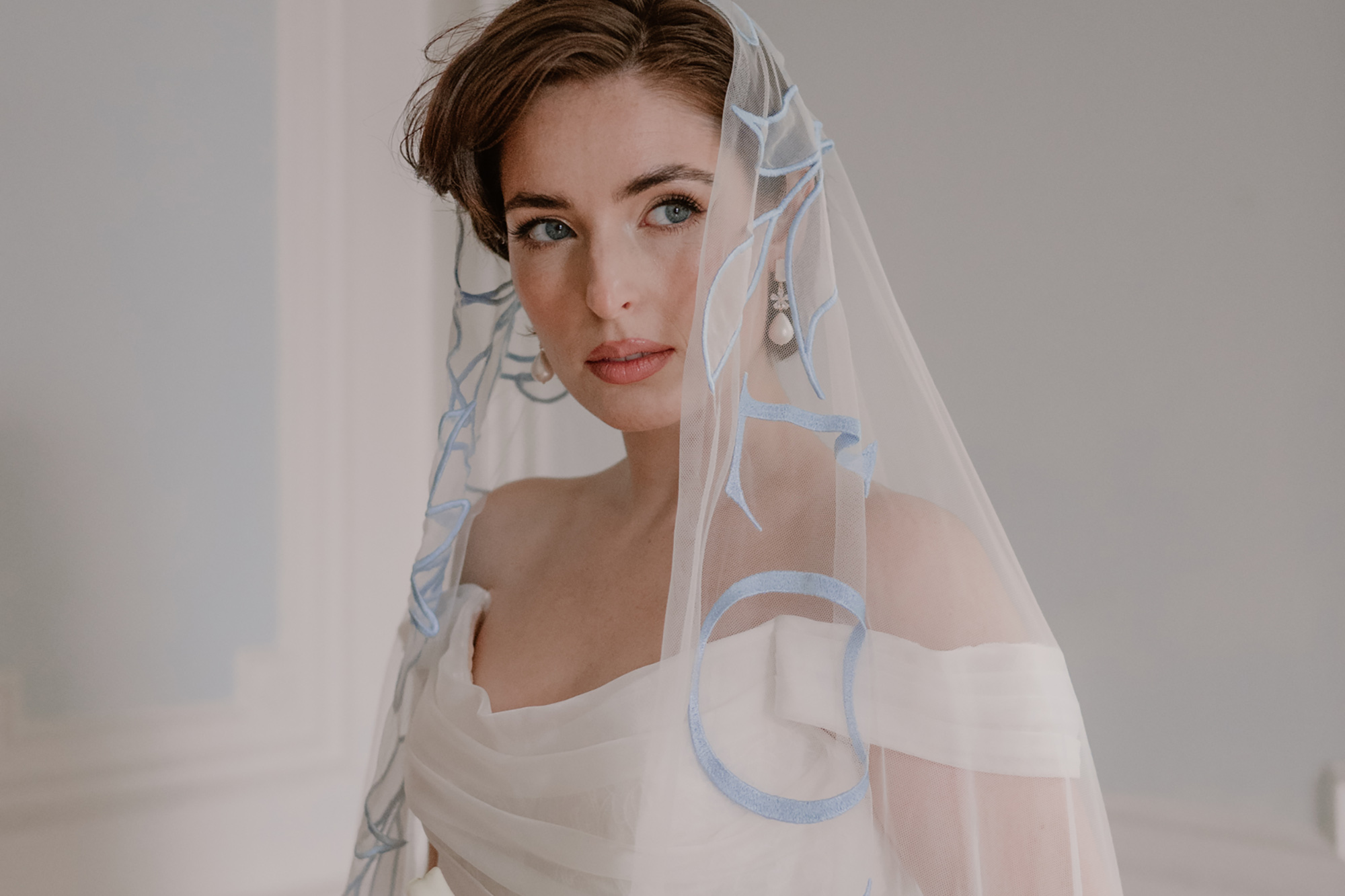 Blue embroidered wedding veil Rebecca Anne Designs