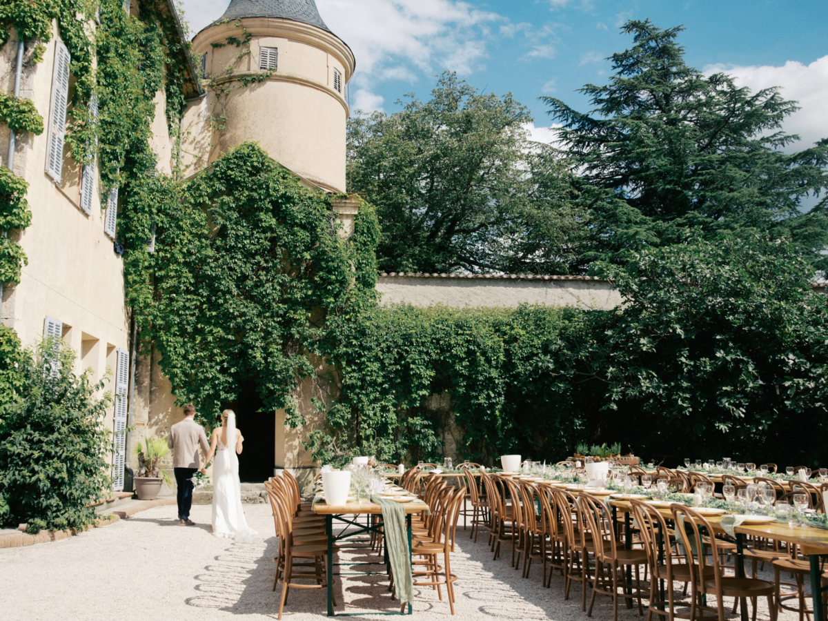 Wedding reception table setup at Chateau de Robernier in Provence, South of France.