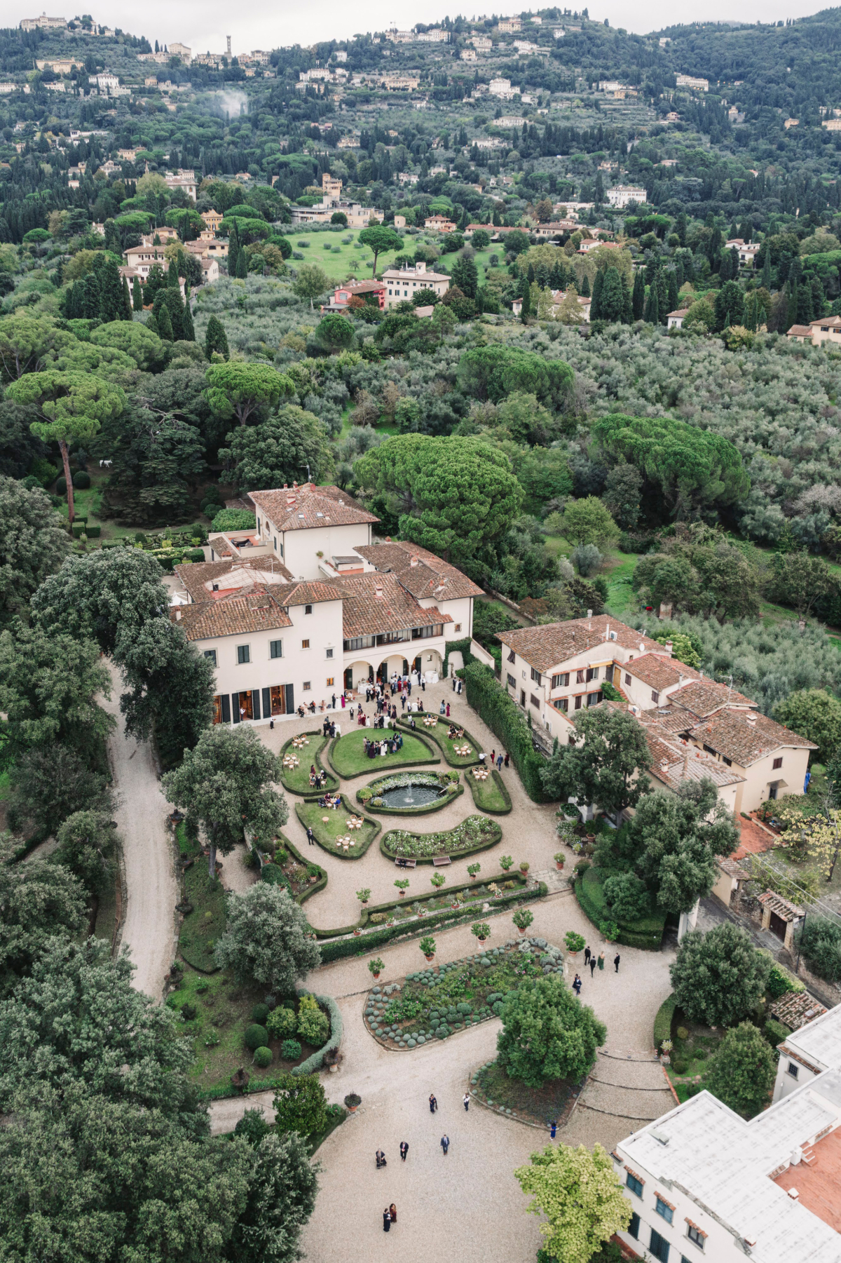 An Elegant Fusion of Indian Tradition and Italian Beauty 47 Drone shot of Villa il Garofalo wedding venue in Italy.