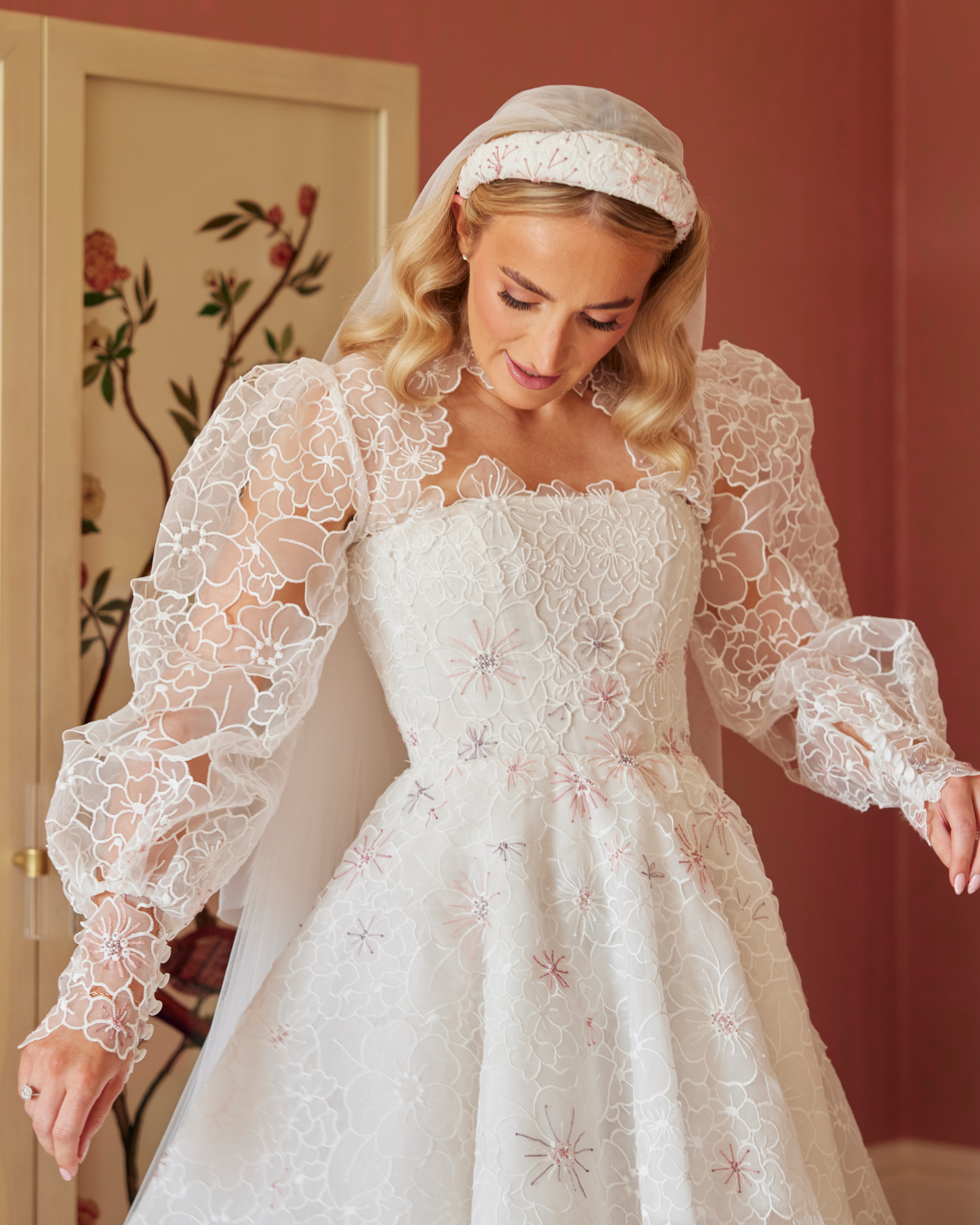Alex in Emma Beaumont for her Ibiza & Disco Inspired Wedding at Wilderness Reserve 34 Bride wearing an Emma Beaumont Atelier dress, headband and veil.