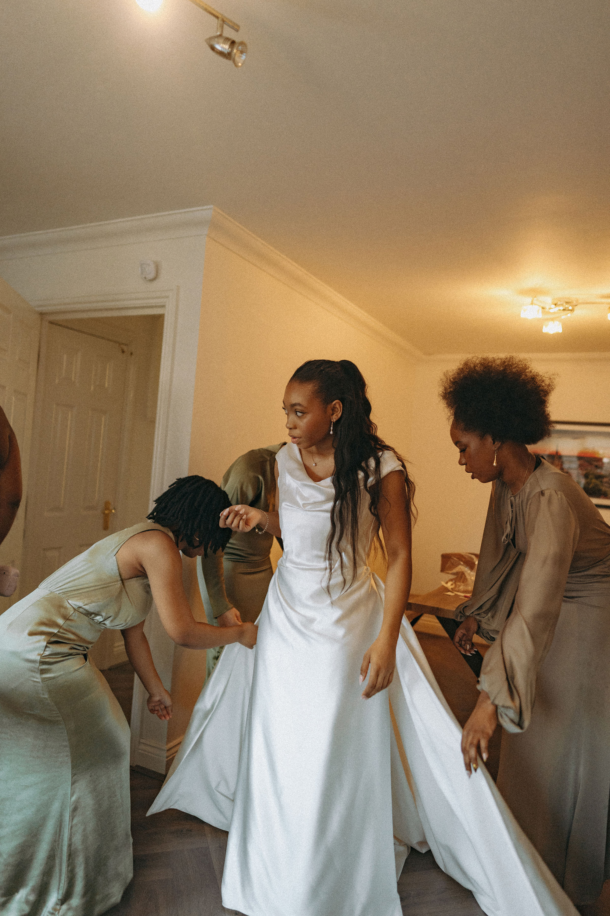 Black Bride and bridesmaids in olive green dresses