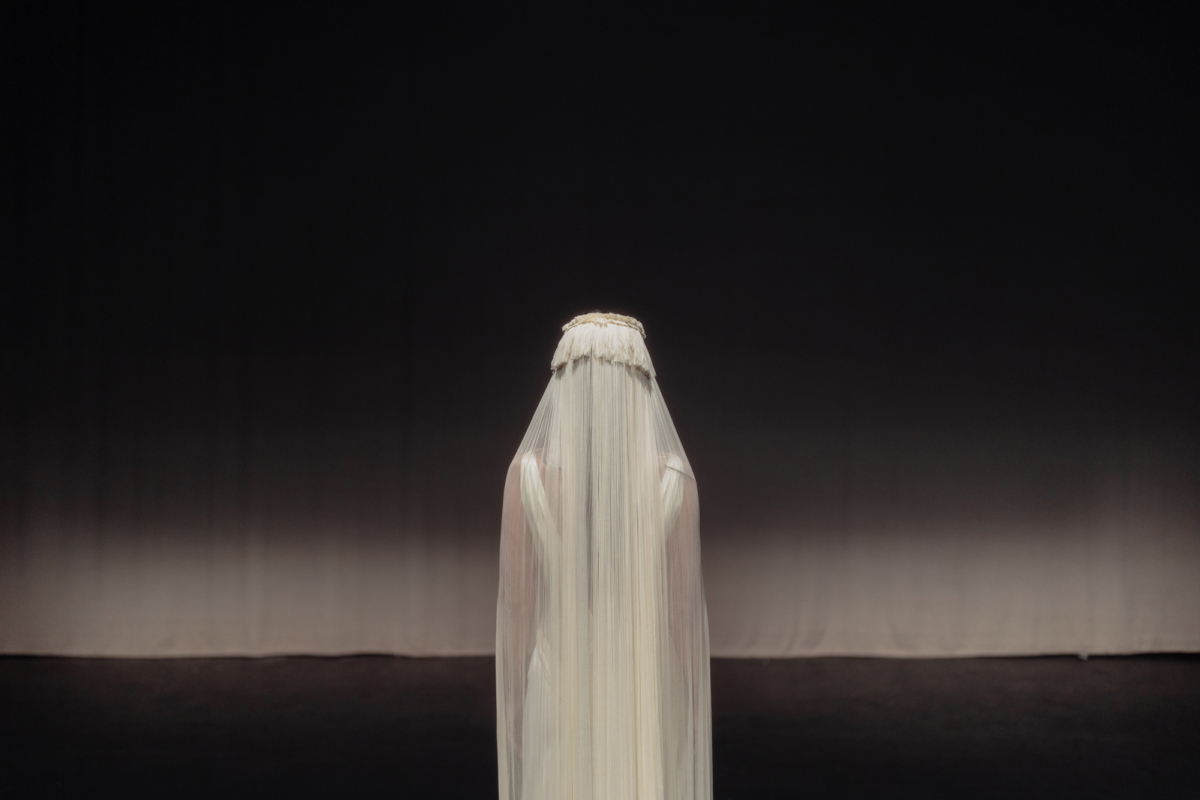 Photograph from behind of a bride in a fringed and tasseled wedding veil.