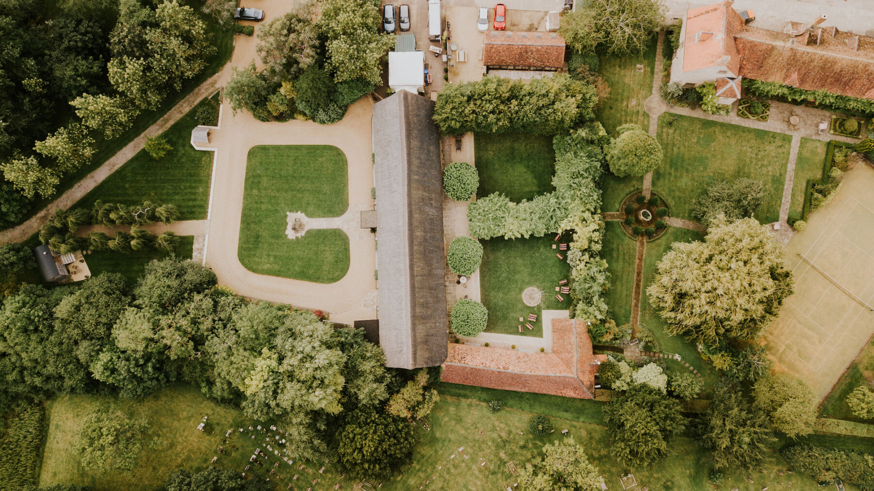 Birds eye drone shot of Tythe - wedding barn venue Oxfordshire, UK
