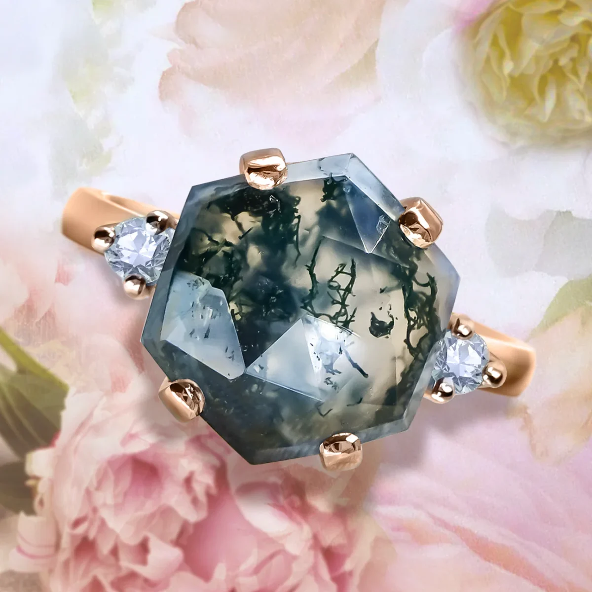 Natural Hexagon Moss Agate Diamond Unique Engagement ring in 9ct / 18ct Gold