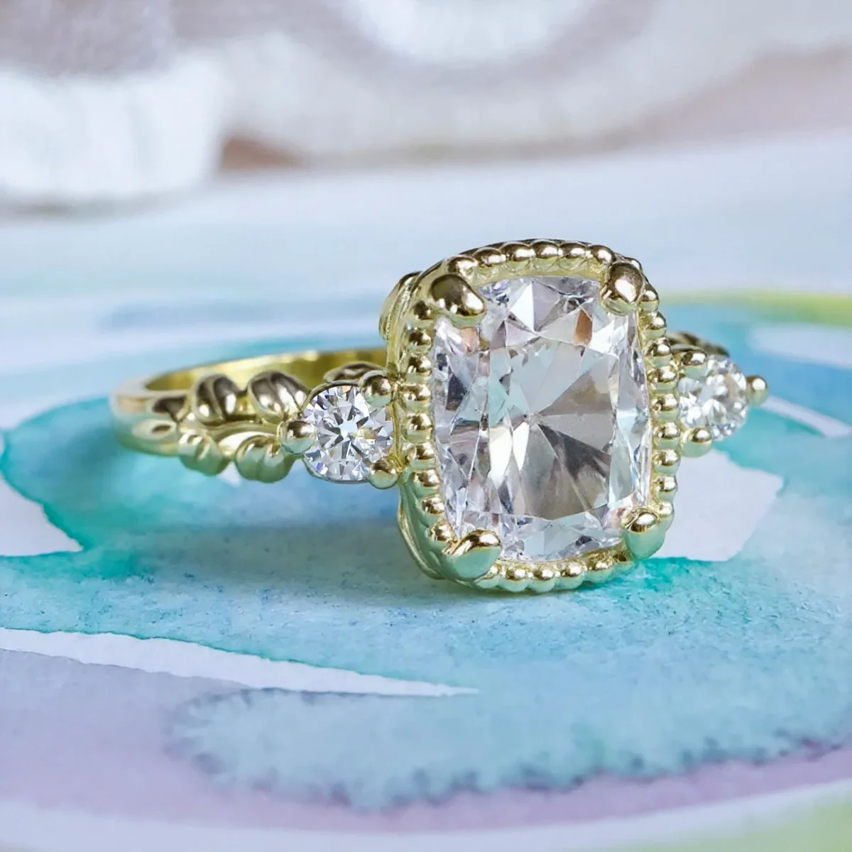 Antique Cushion Diamond Floral Engagement ring in 9ct / 14ct/ 18ct solid Gold