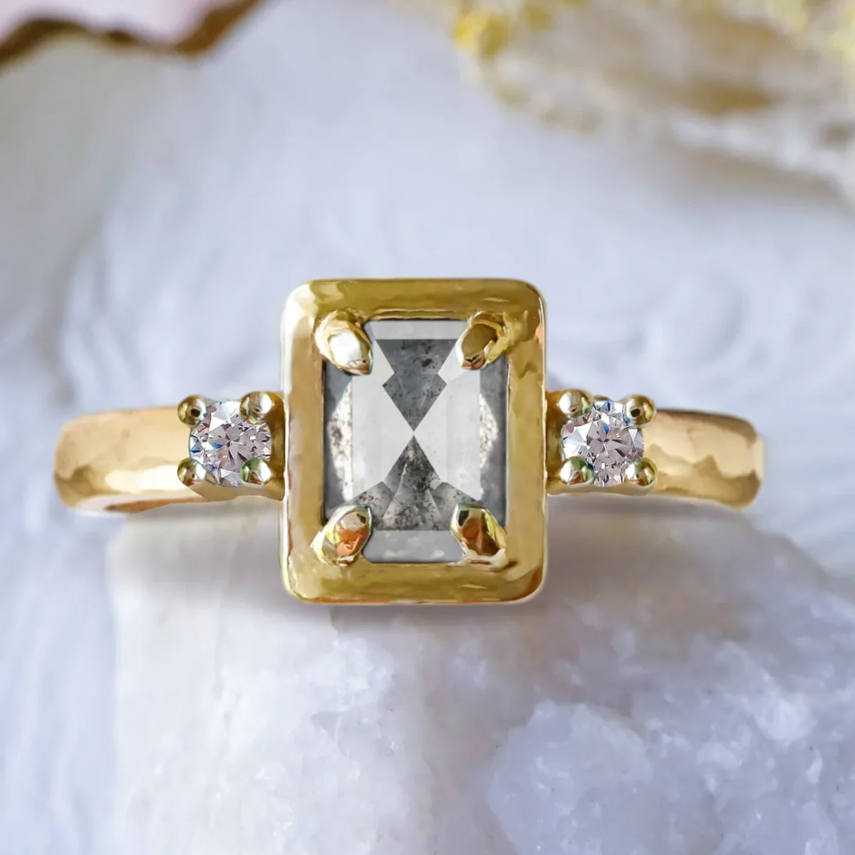 Art Deco Natural Salt & Pepper Diamond Engagement Ring in 9ct / 14ct/ 18ct Gold