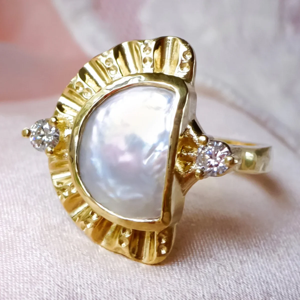 Cleopatra Pearl Sun & Moon Diamond Engagement ring in 9ct / 14ct/ 18ct Gold