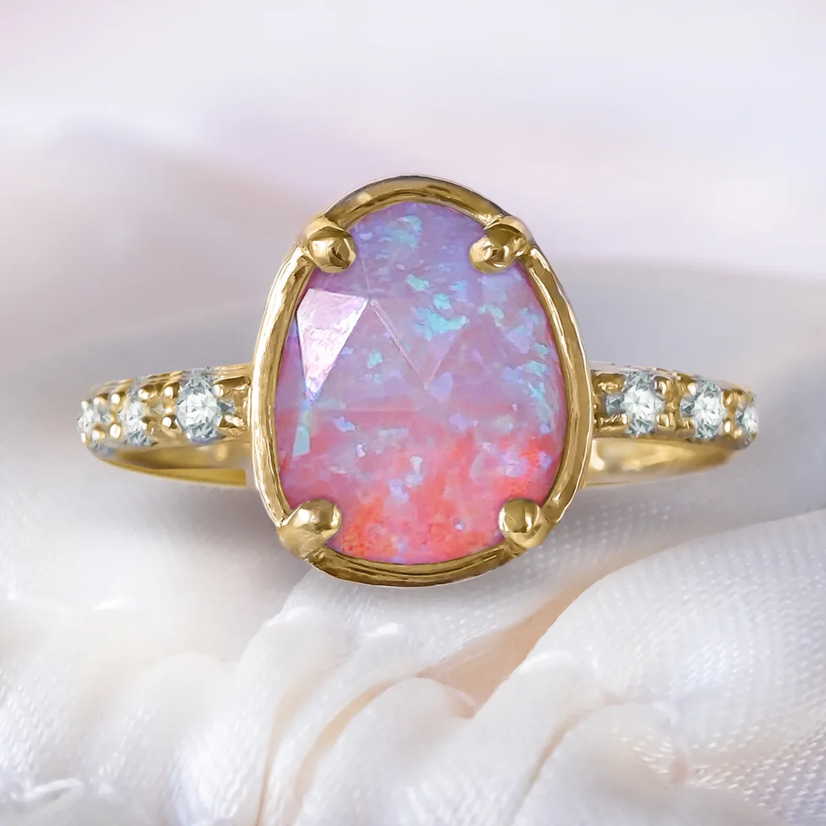 Dreamy Pink Opal Diamond Pave Engagement ring in 9ct / 14ct/ 18ct Gold