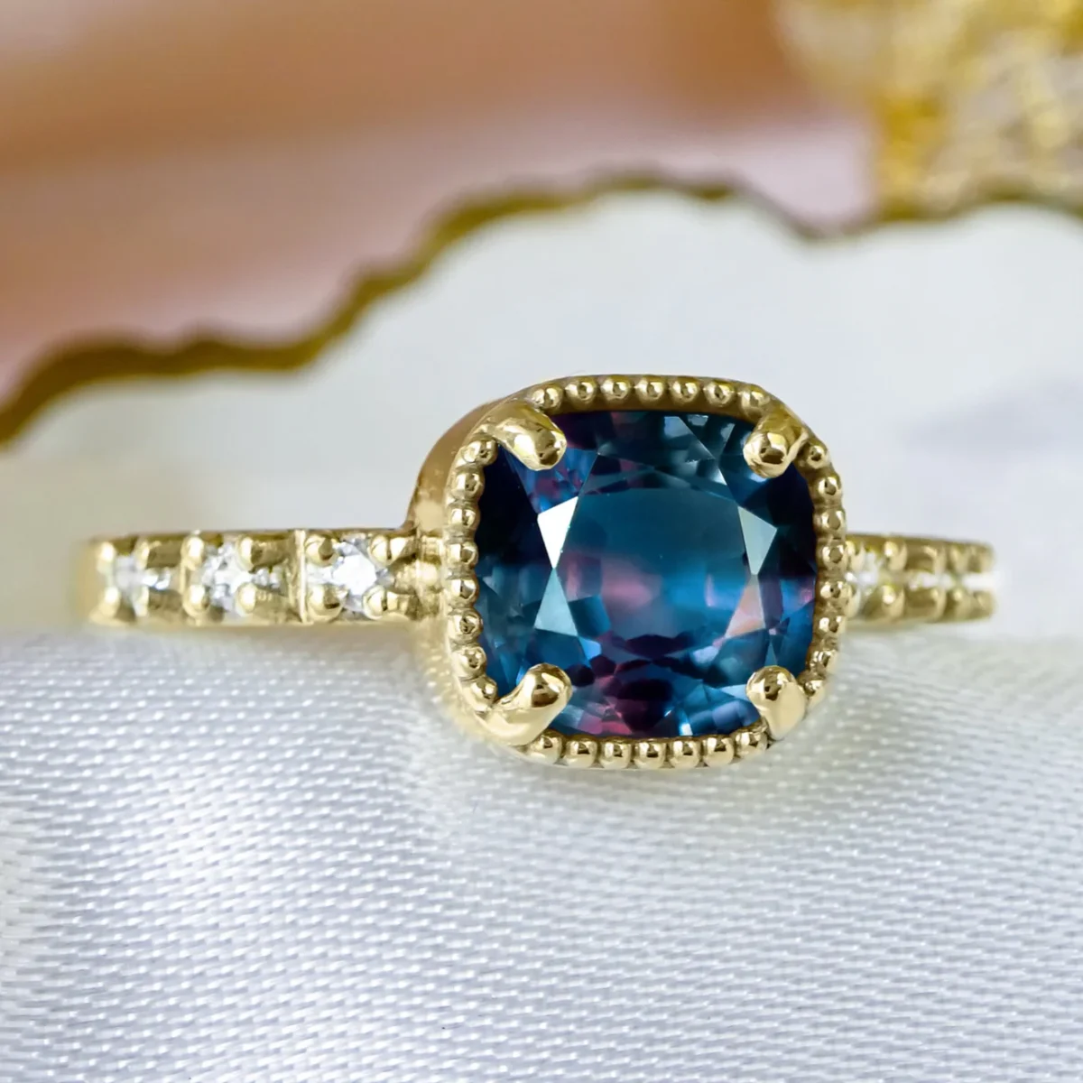 Ethereal Alexandrite Diamond Pave style Engagement ring in solid 9ct / 14ct/ 18ct Gold