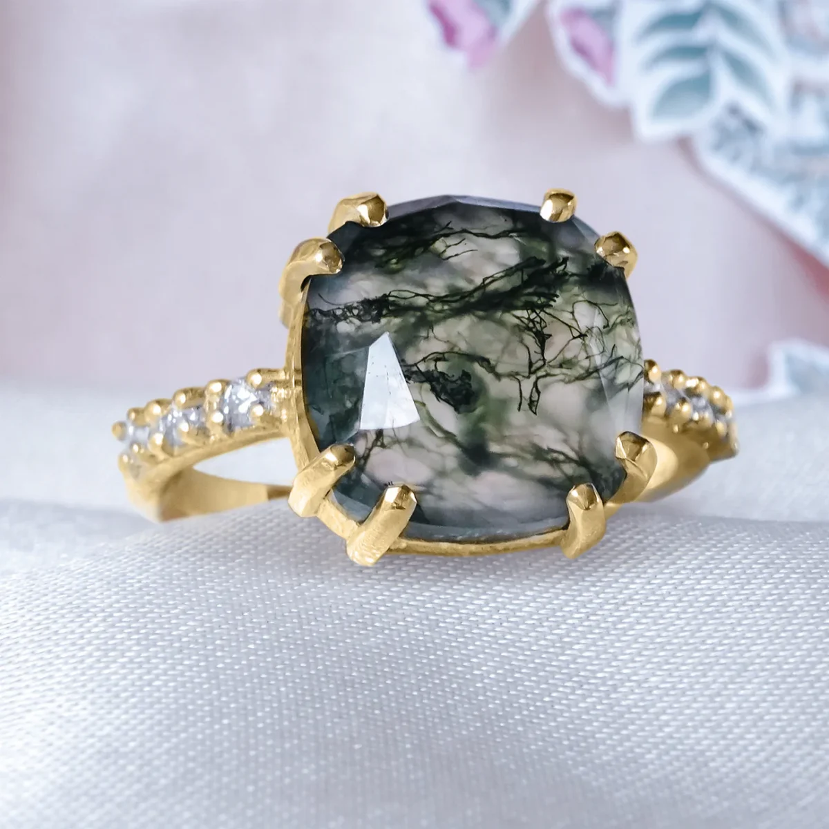 Ethereal Moss Agate & Pave Diamonds Unique Engagement ring in solid 9ct / 18ct Gold