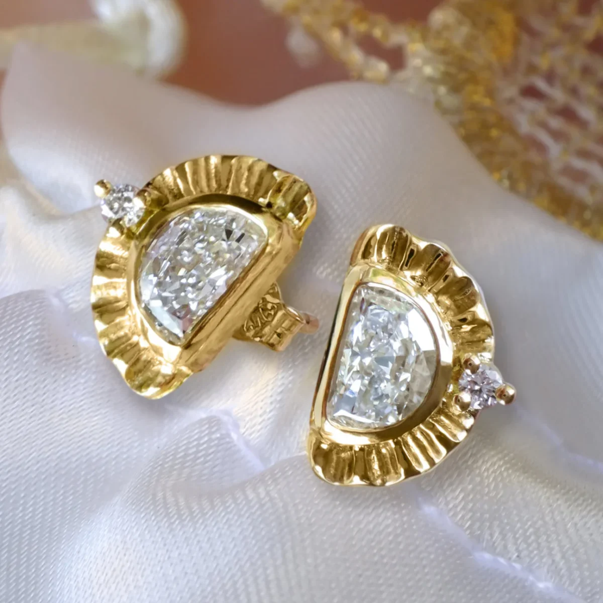 Extraordinary Sunburst Moon Diamond Stud Earrings in 9ct / 14ct/ 18ct Gold