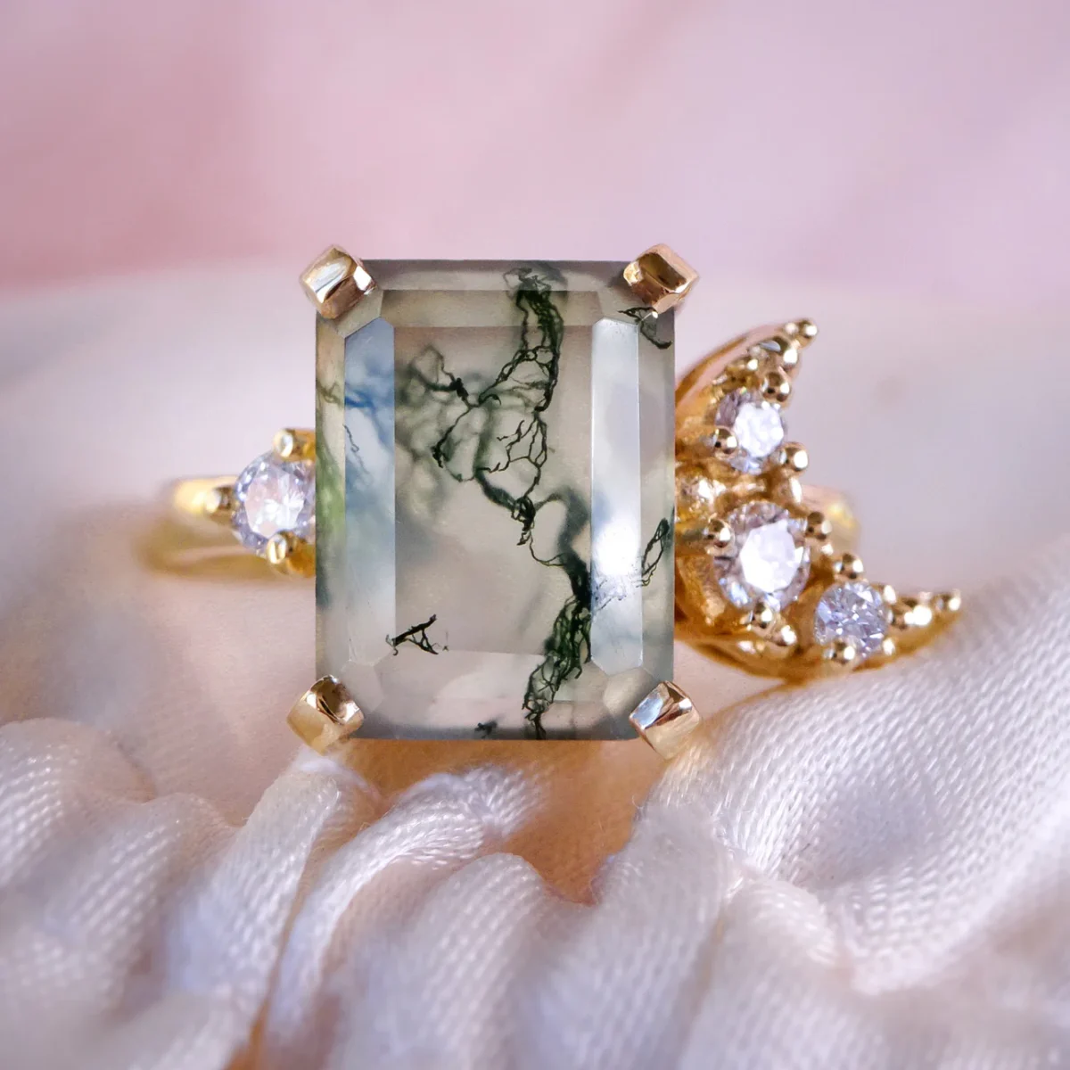 Forest Moon Moss Agate Diamond Engagement ring in 9ct / 14ct / 18ct Gold