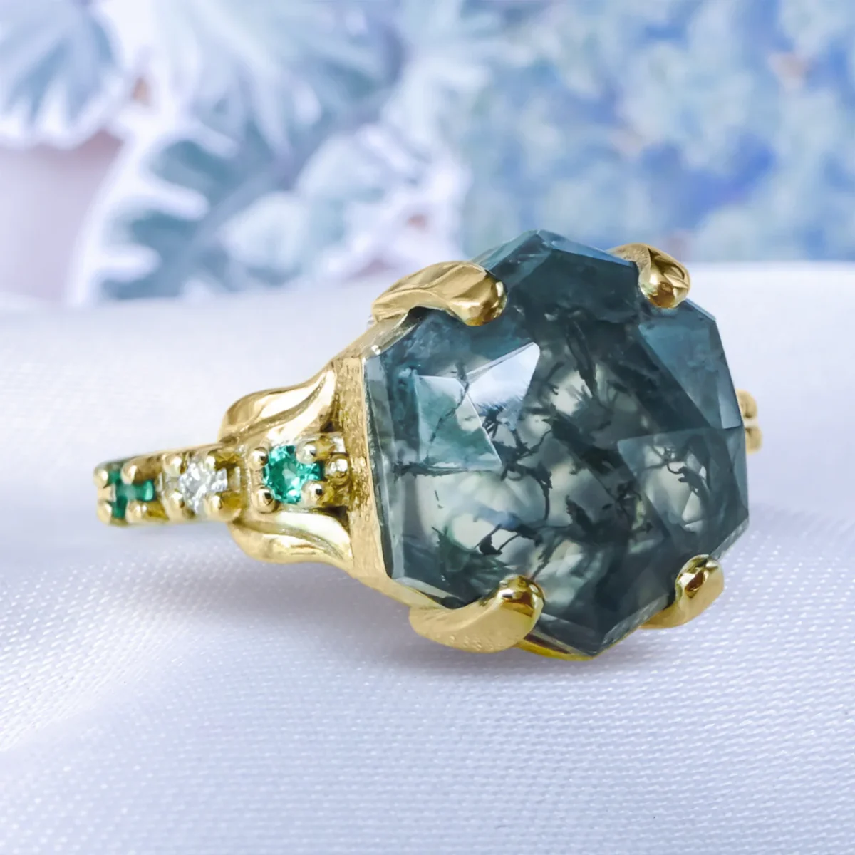 Hexagon Moss Agate Floral Style Engagement ring in 9ct / 14ct / 18ct Solid Gold