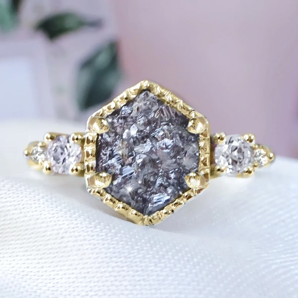 Hexagon Natural Rock Diamond Unique Engagement ring in soild 9ct/ 14ct/ 18ct Go