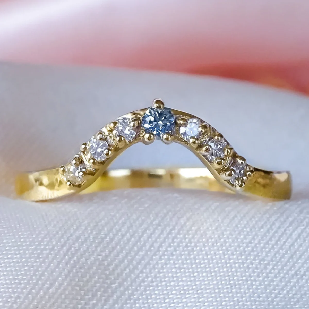 Ice Blue and White Diamond Contour Curved Wedding ring band in 9ct solid Gold
