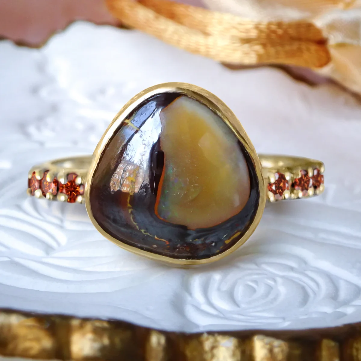 Modeo Australian Gold Boulder Opal Unique ring in 9ct / 14ct / 18ct solid Gold.