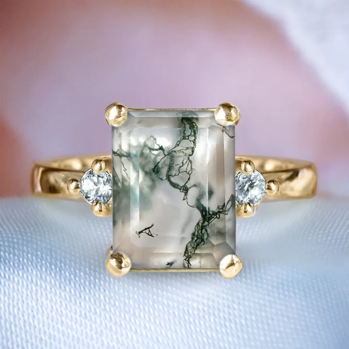 Natural Classic Moss Agate Diamond Unique Engagement ring in 9ct / 14ct/ 18ct Gold