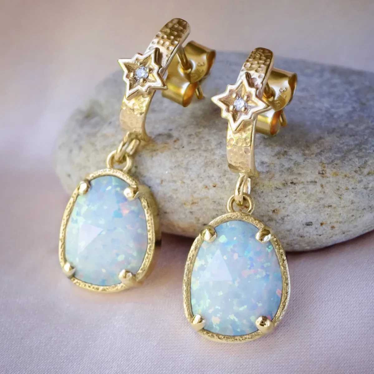Sparkling Star Diamond & Opal half Hoop Earrings in 9ct /18ct Gold