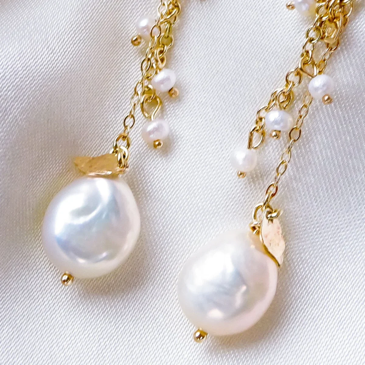 Stunning White Keshi Pearl Dangle Earrings in solid 9ct / 14ct/ 18ct Yellow Gold