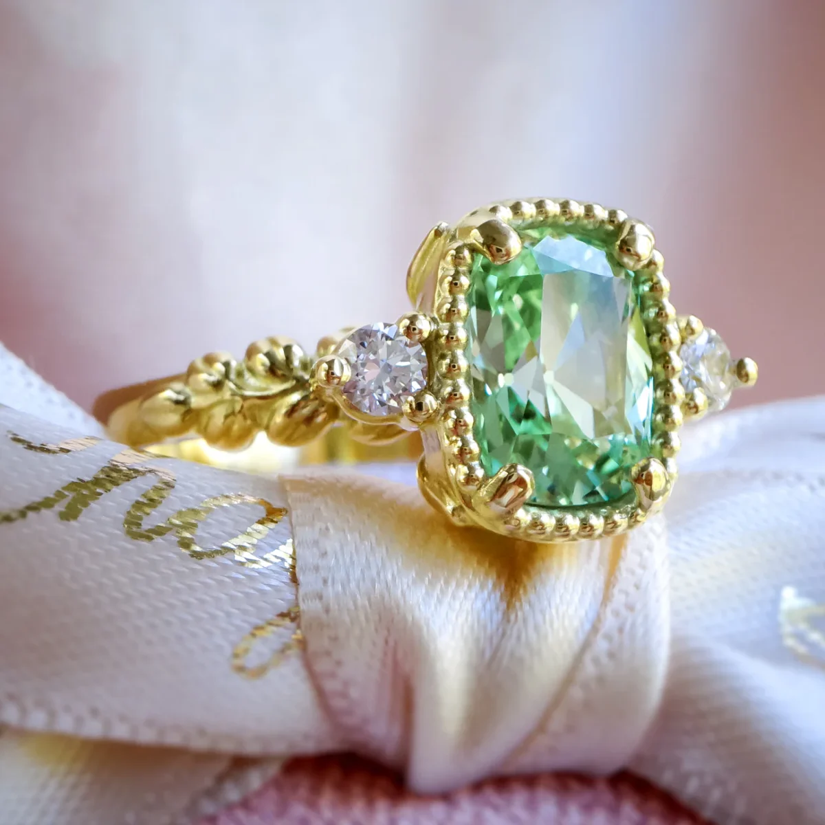 Vintage Style Mint Sapphire Diamond Engagement ring in 9ct / 14ct/ 18ct solid Gold