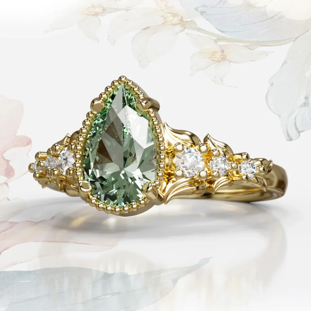 Dreamy Flora Pear Green Sapphire or Diamond Engagement Ring in 9ct / 14ct/ 18ct Gold