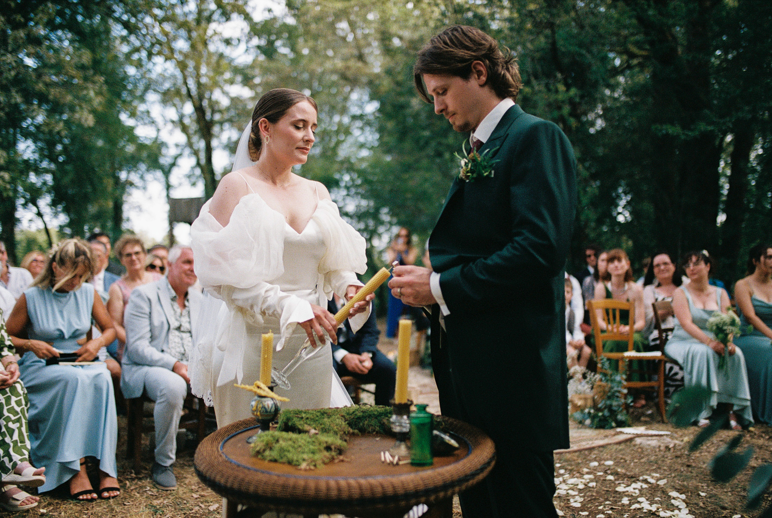 Tolkien Lothlorien inspired wedding in the woods at Chateau Lagut in France. Bride wears Danielle Frankel.