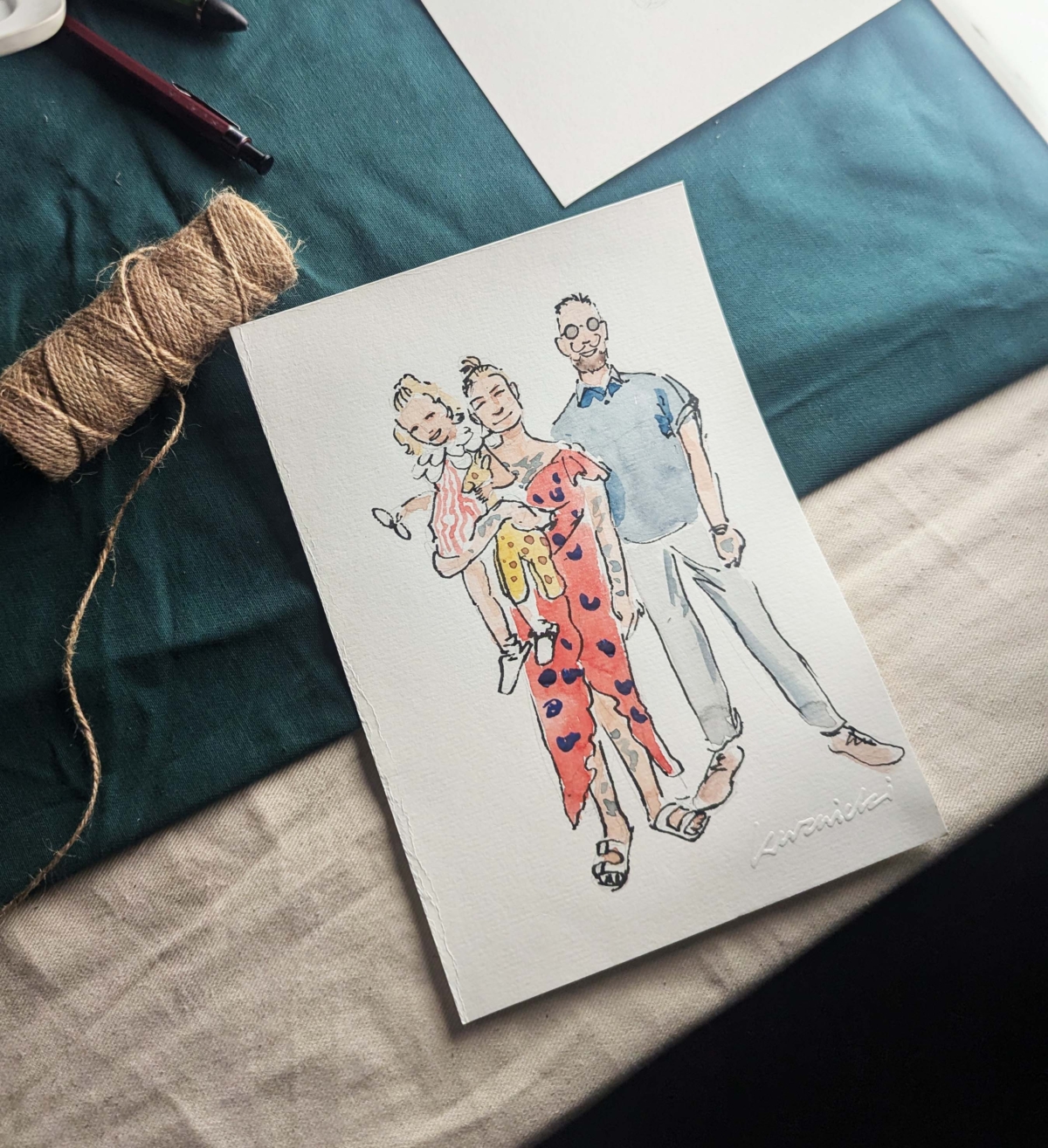 live drawings wedding live art family red trousers