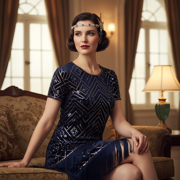 female dressed in vintage style dress wearing a vintage style headdress occasion celbration