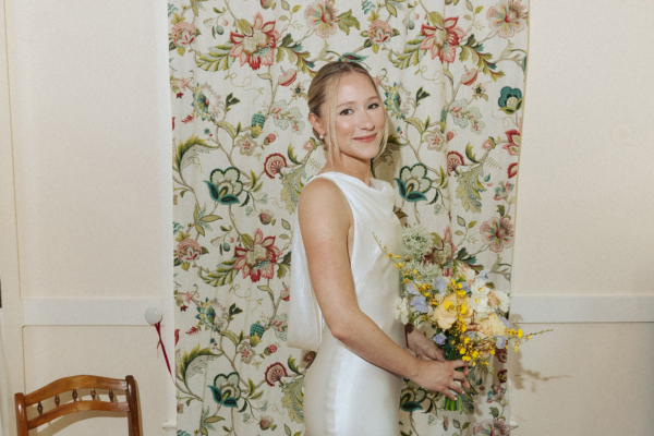 Caroline in Alexandra Grecco for her Coastal Inspired Wedding