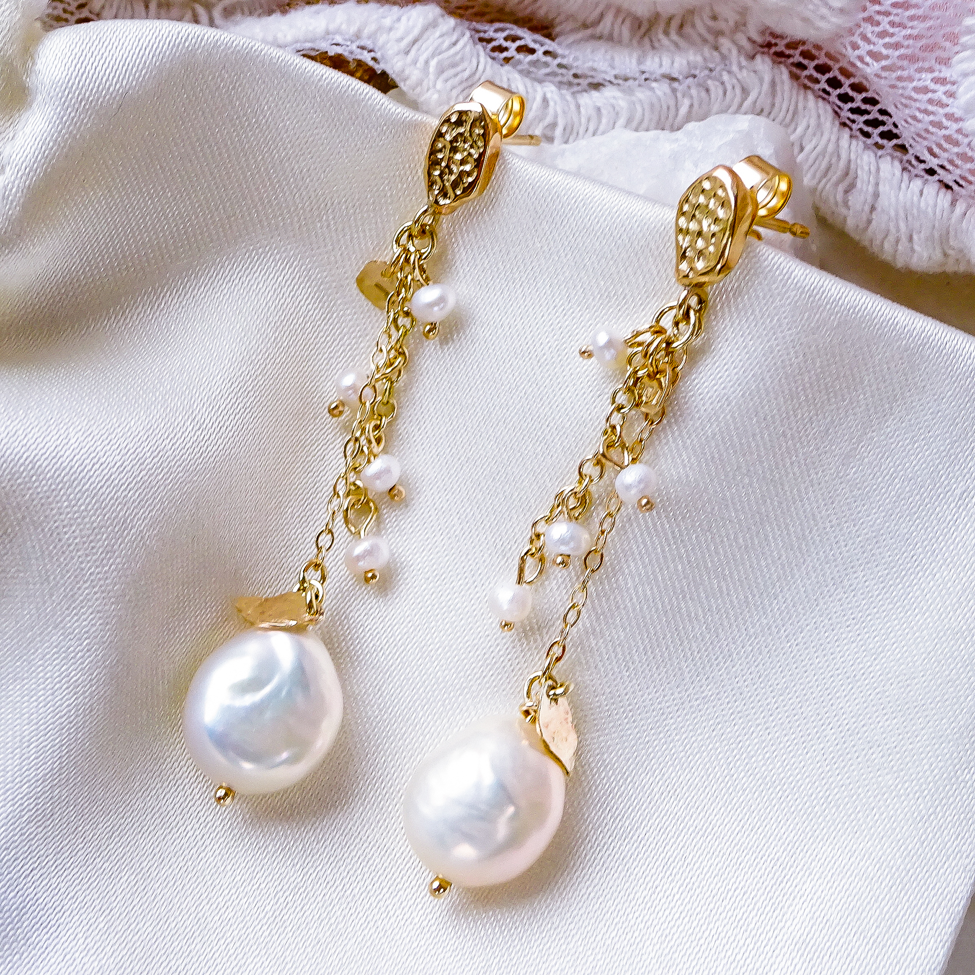 BDC Keshi Pearls Drop Gold earrings 02 - Bijoux de Chagall: Handcrafted Eco-Jewellery Designed With Artistry & Sustainability BDC Keshi Pearls Drop Gold earrings 02